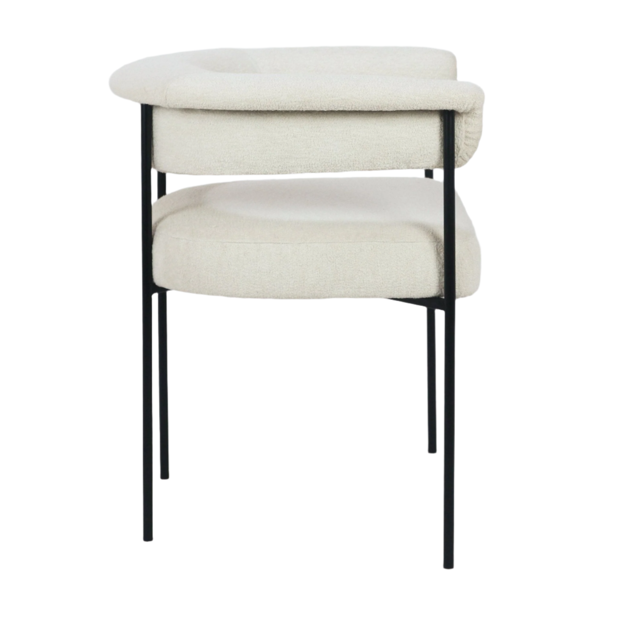 Side view of a modern dining chair upholstered in cream boucle with a curved cushioned seat and back, open-frame detail and slim matte black metal legs.