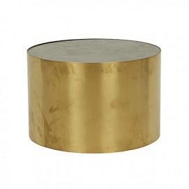 Brass-finish cylindrical metal drum table topped with a black-veined marble surface, a glam modern coffee or side table shown on a white background.