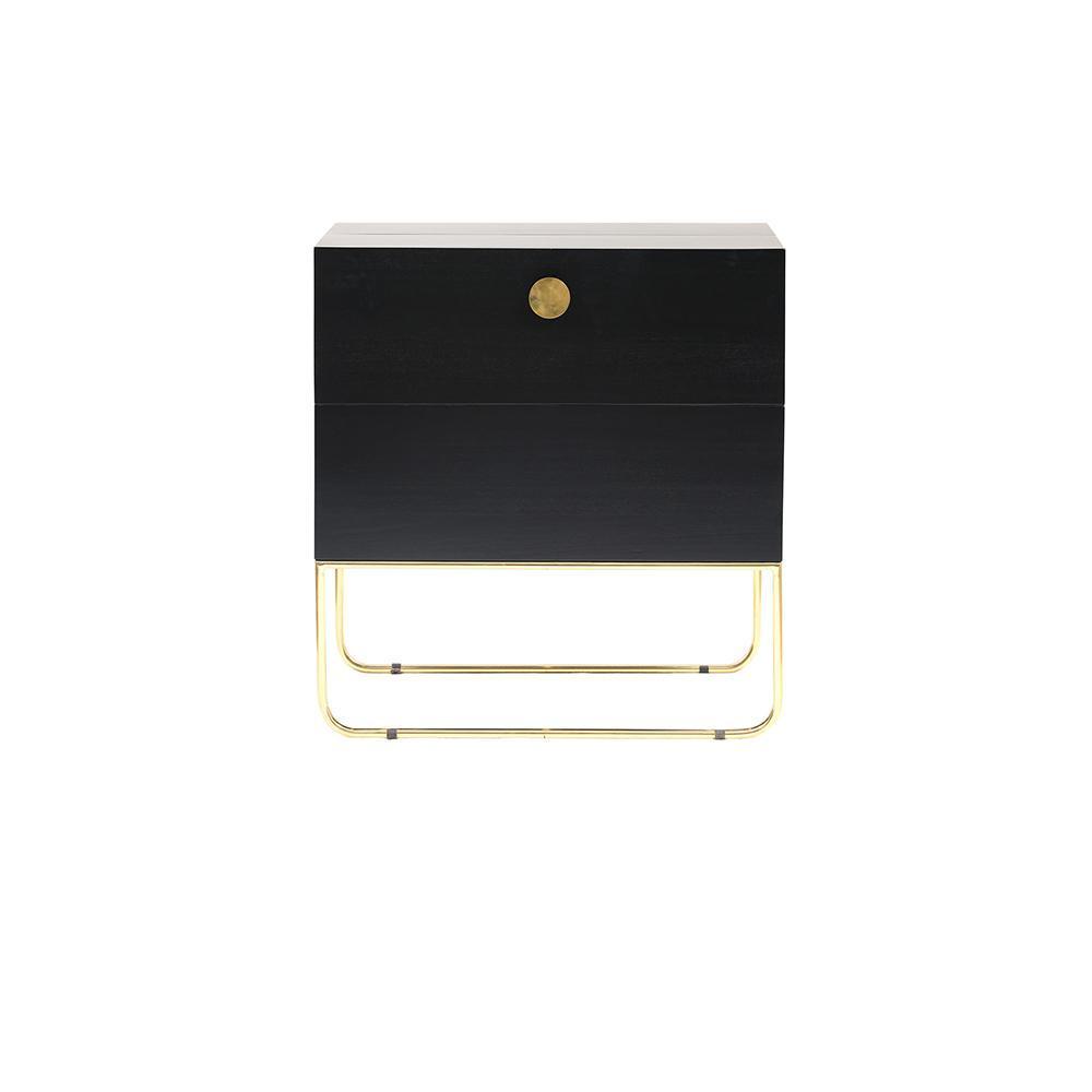 Front view of a mahogany drinks cabinet with a centered round brass knob, two stacked drawers and a polished brass sled-style base in a contemporary glam silhouette on a white background.