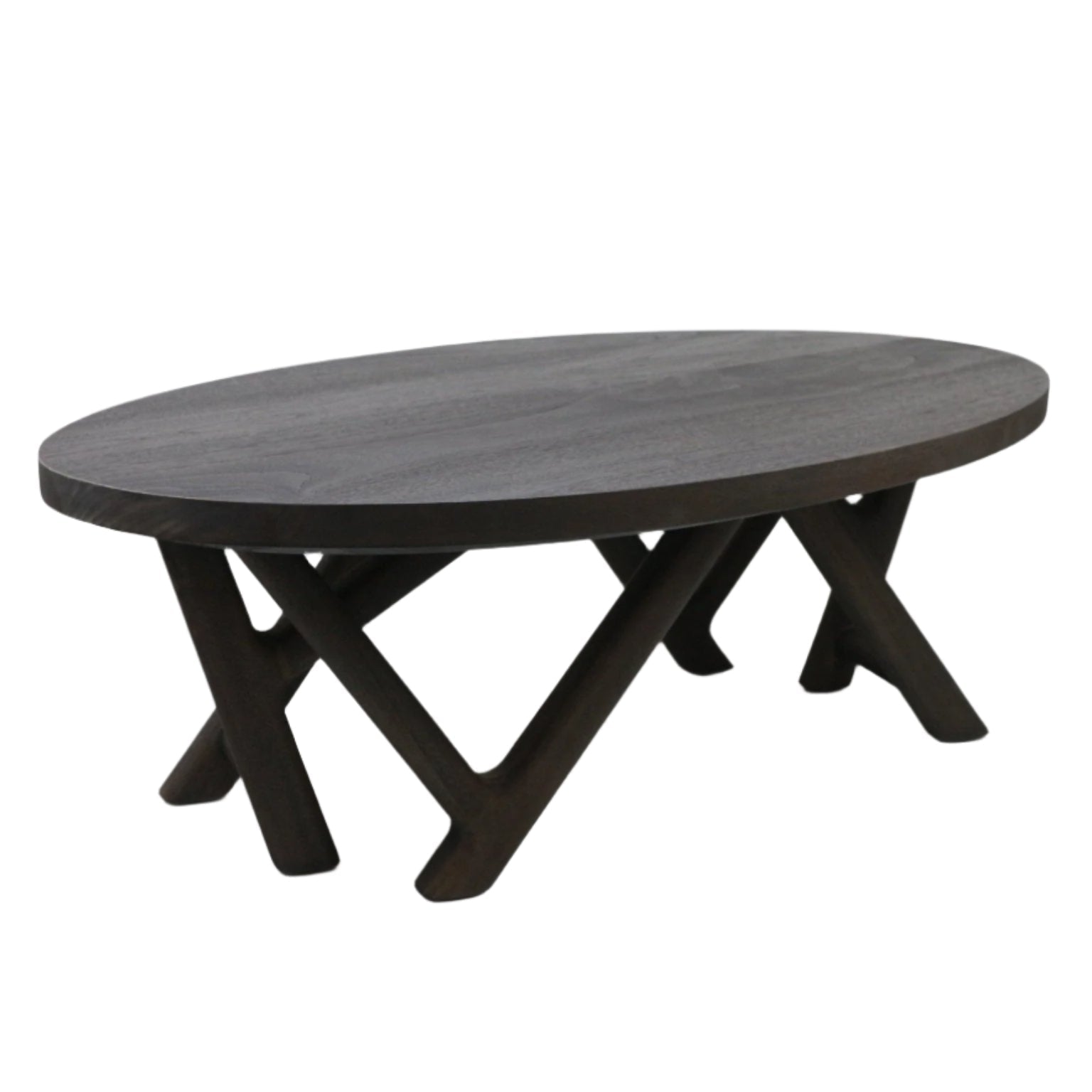 Oval solid wood coffee table in a mahogany smoked-black finish, with a thick top and sculptural crisscross legs for a modern contemporary living room.