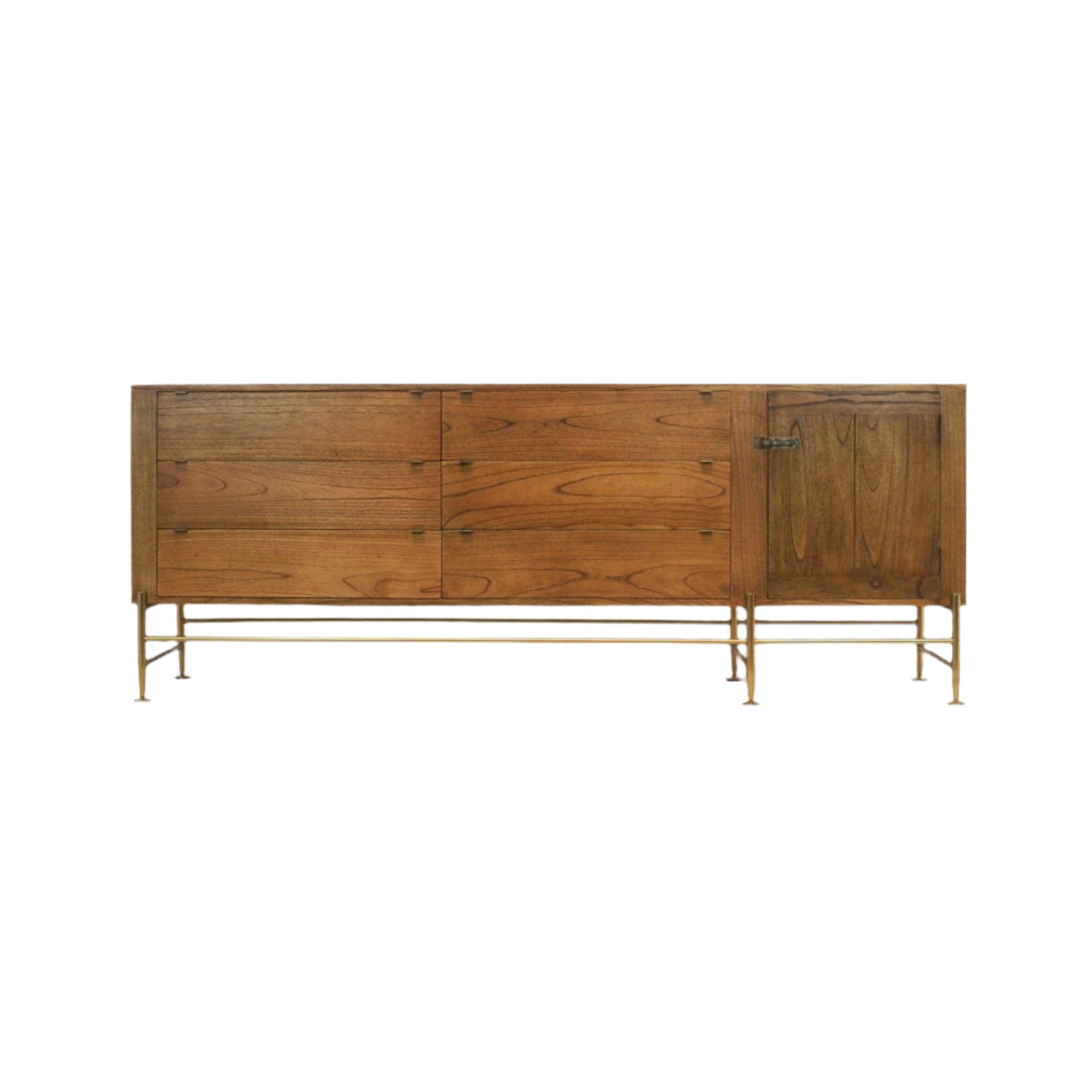 Long mid-century modern teak sideboard with six horizontal drawers and a right-side cabinet door in warm natural teak finish, elevated on a slim brass metal base with crossbar supports.