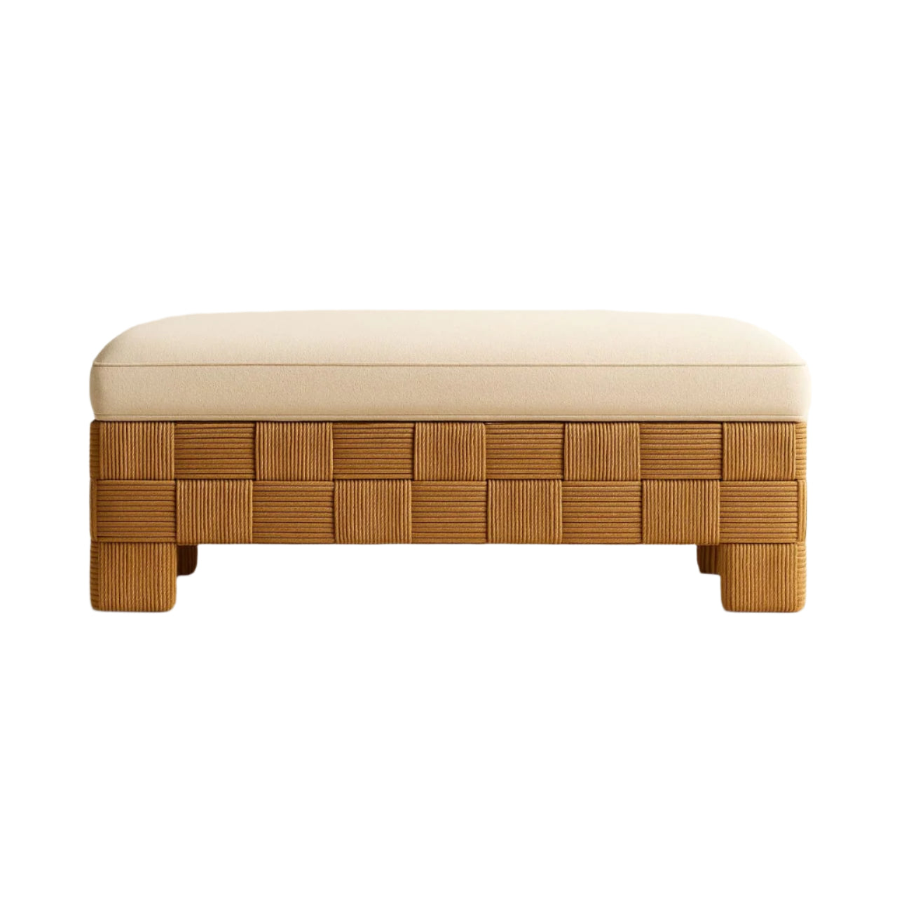 59-inch boucle upholstered bench with a cream fabric cushion set on a woven natural rattan checkerboard base and short rattan feet, low-profile boho-contemporary end-of-bed or entryway bench.