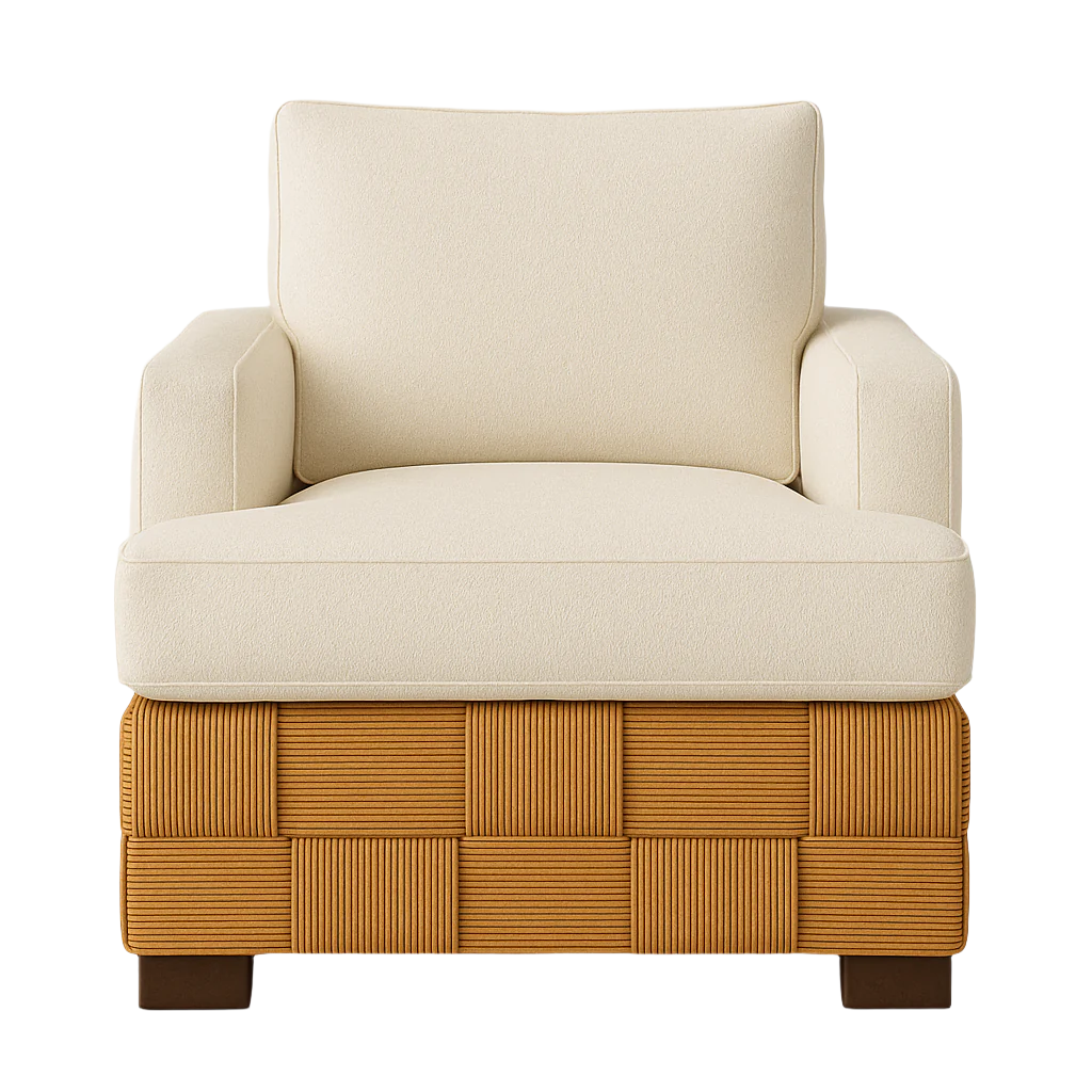 Cream fabric-upholstered accent chair with cushioned seat, square arms and loose back cushion, set atop a woven natural wood base with low dark wood legs.