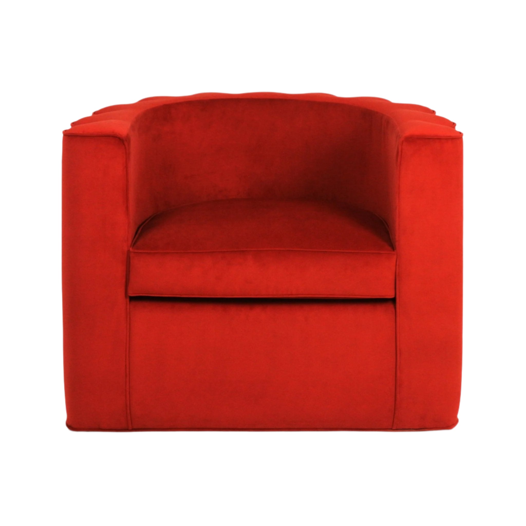 Front view of a red fabric-upholstered modern accent chair with a curved full back, enclosed boxy frame and a thick plush seat cushion, shown against a plain white background.
