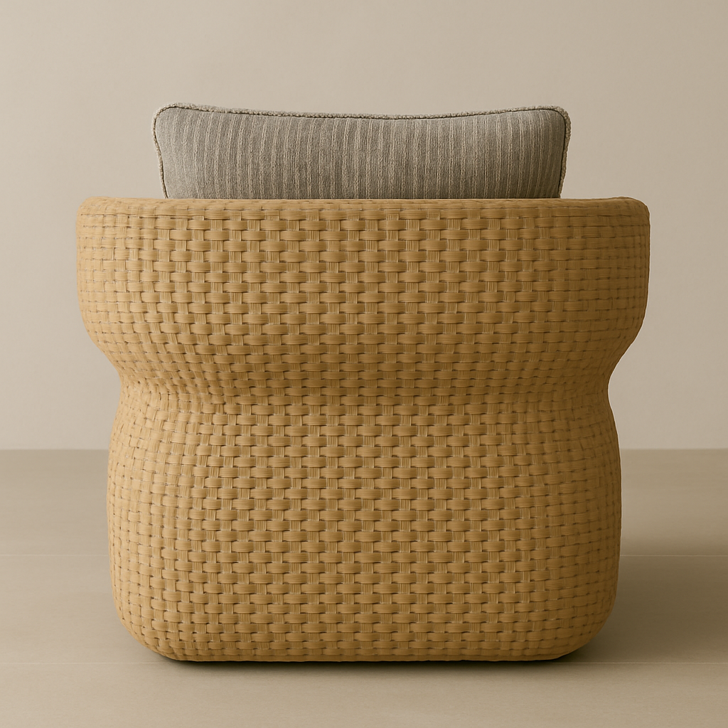 Back view of a natural all-weather rattan outdoor accent chair showing a sculptural woven curved frame and a taupe-grey upholstered back cushion.
