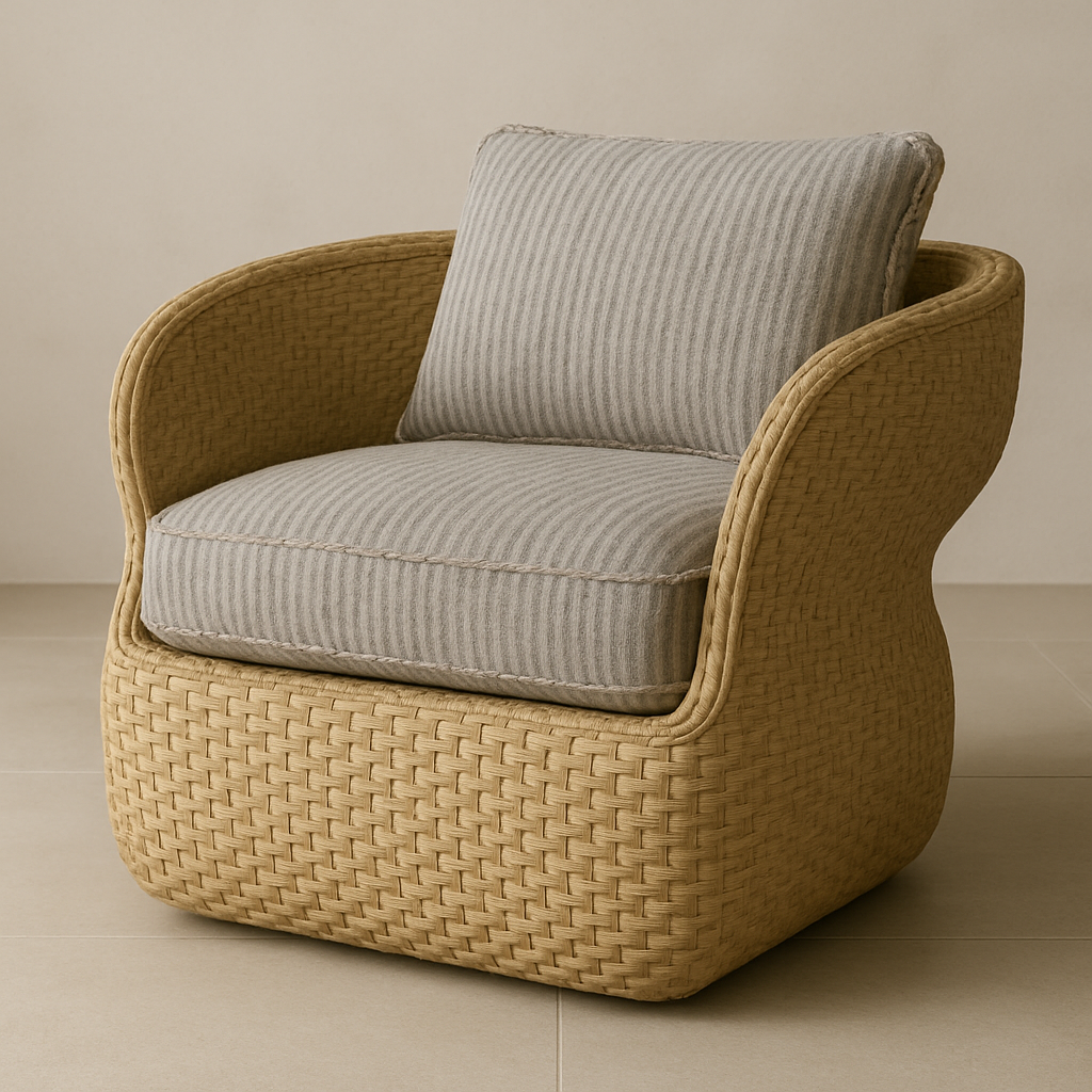 Curved all-weather natural rattan chair with woven base and taupe-grey striped seat and back cushions, a sculptural boho-contemporary outdoor accent chair photographed on a neutral tiled floor.