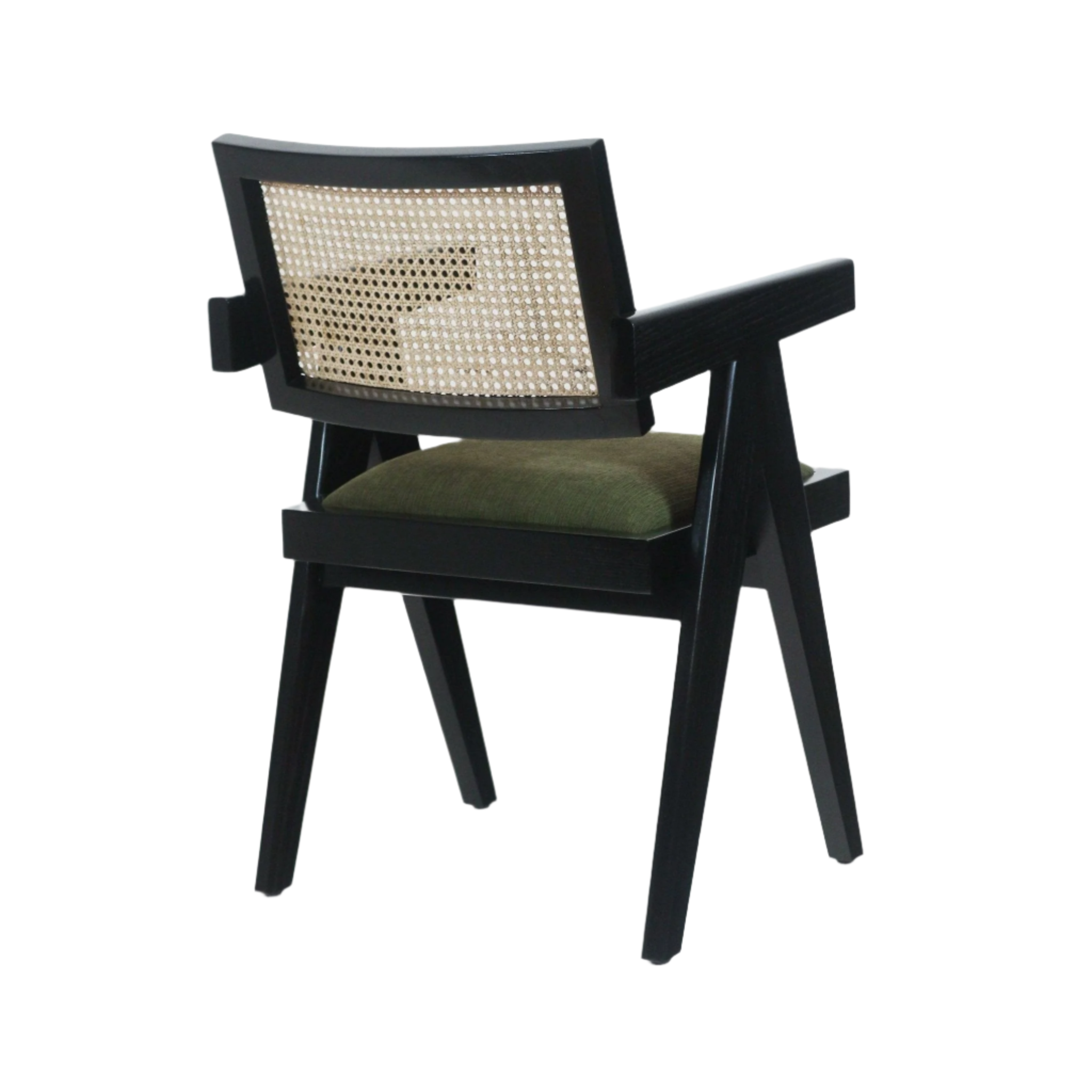 Three-quarter rear view of a black solid-wood dining chair featuring a natural cane back, olive-green upholstered seat cushion, angled mid-century modern legs and integrated armrests.