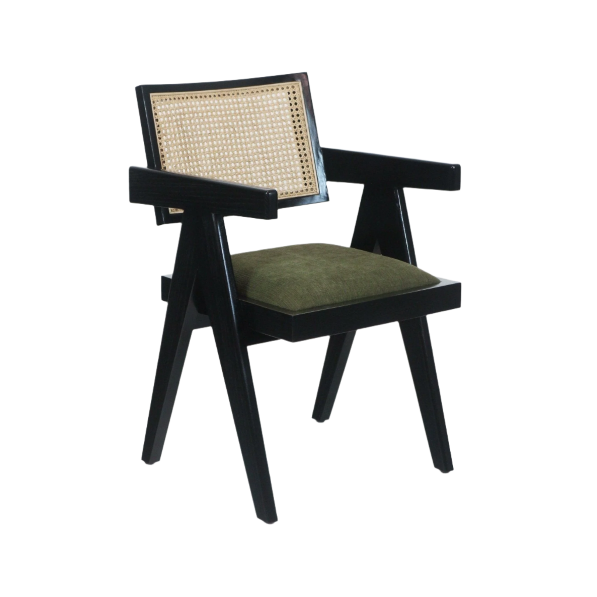 Mid-century modern dining chair with a black wooden frame, natural woven cane backrest and olive-green upholstered seat cushion, angled legs and squared armrests.