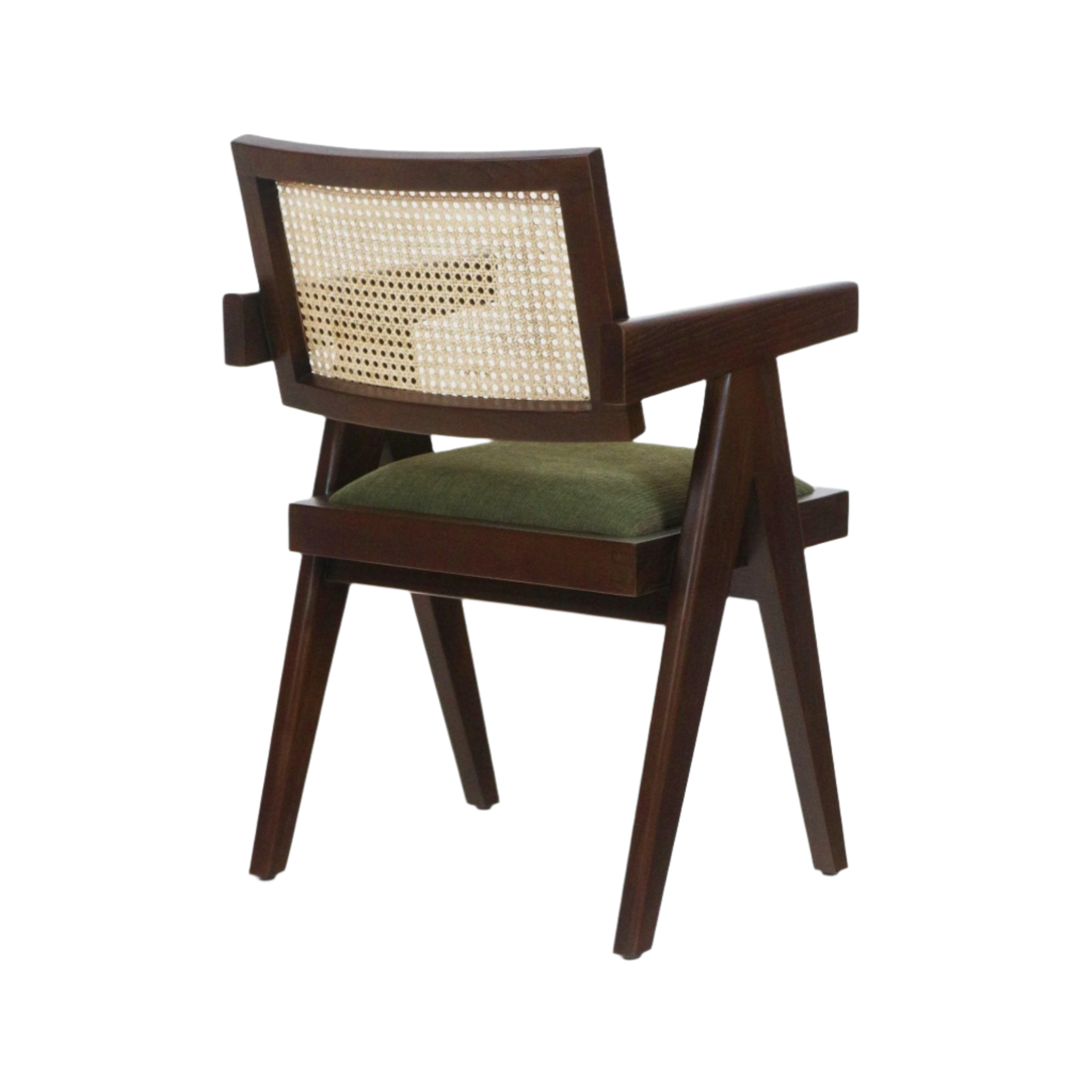 Dark wood dining chair with a woven natural cane back, olive-green upholstered seat cushion, angular armrests and tapered legs in a mid-century modern silhouette.