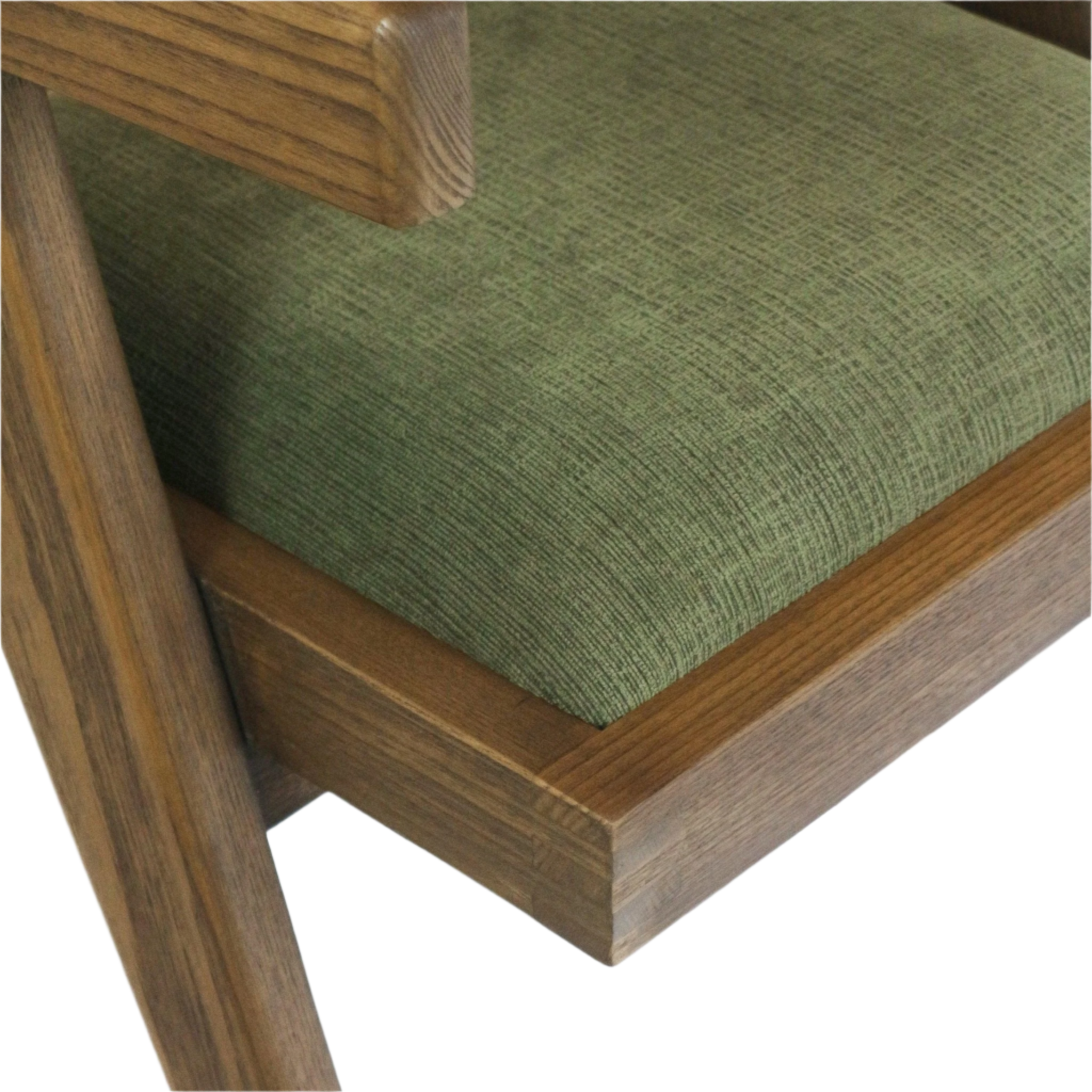 Close-up of a green upholstered fabric seat cushion and medium-brown natural wood frame of a mid-century modern dining chair, showing textured upholstery and the wooden arm and base details.
