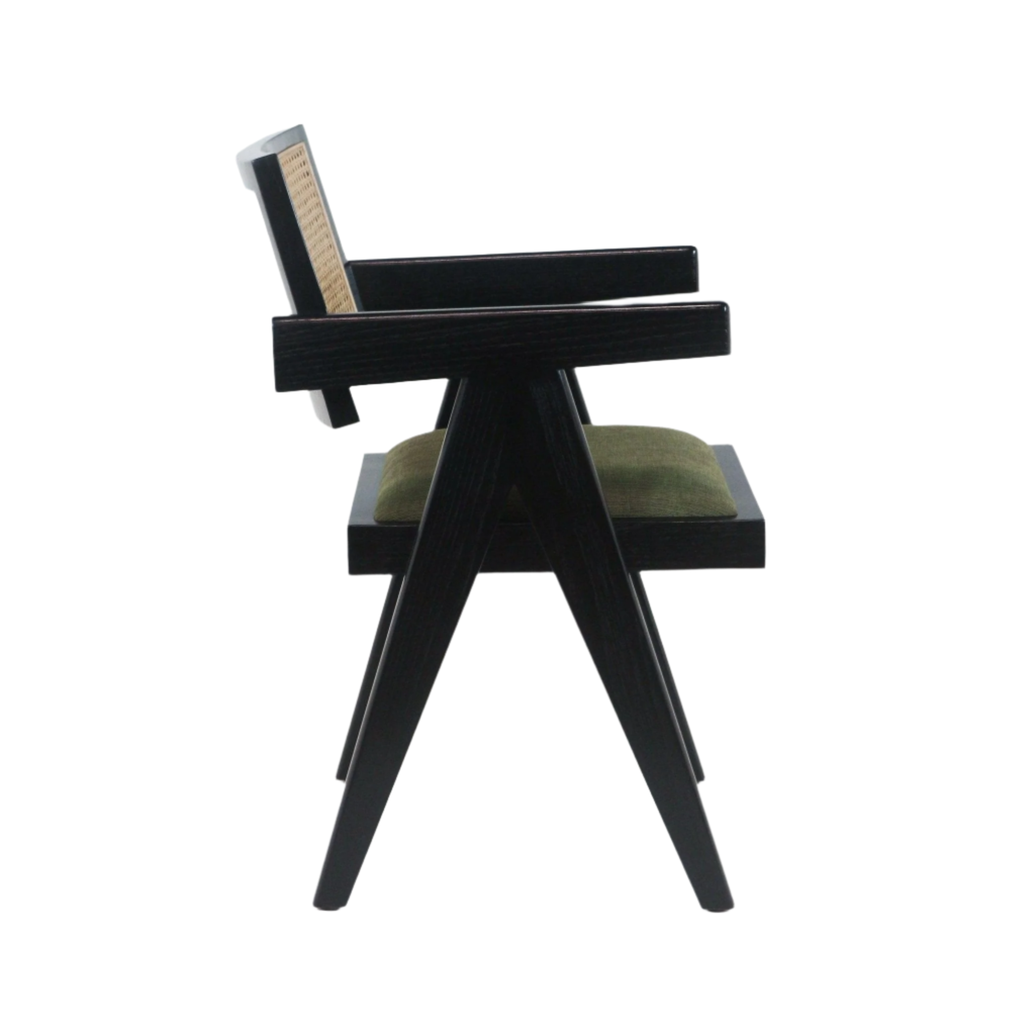 Side profile of a mid-century modern dining chair with a black wood frame, woven cane backrest and olive-green upholstered fabric seat cushion, angled A-frame legs and squared armrests.