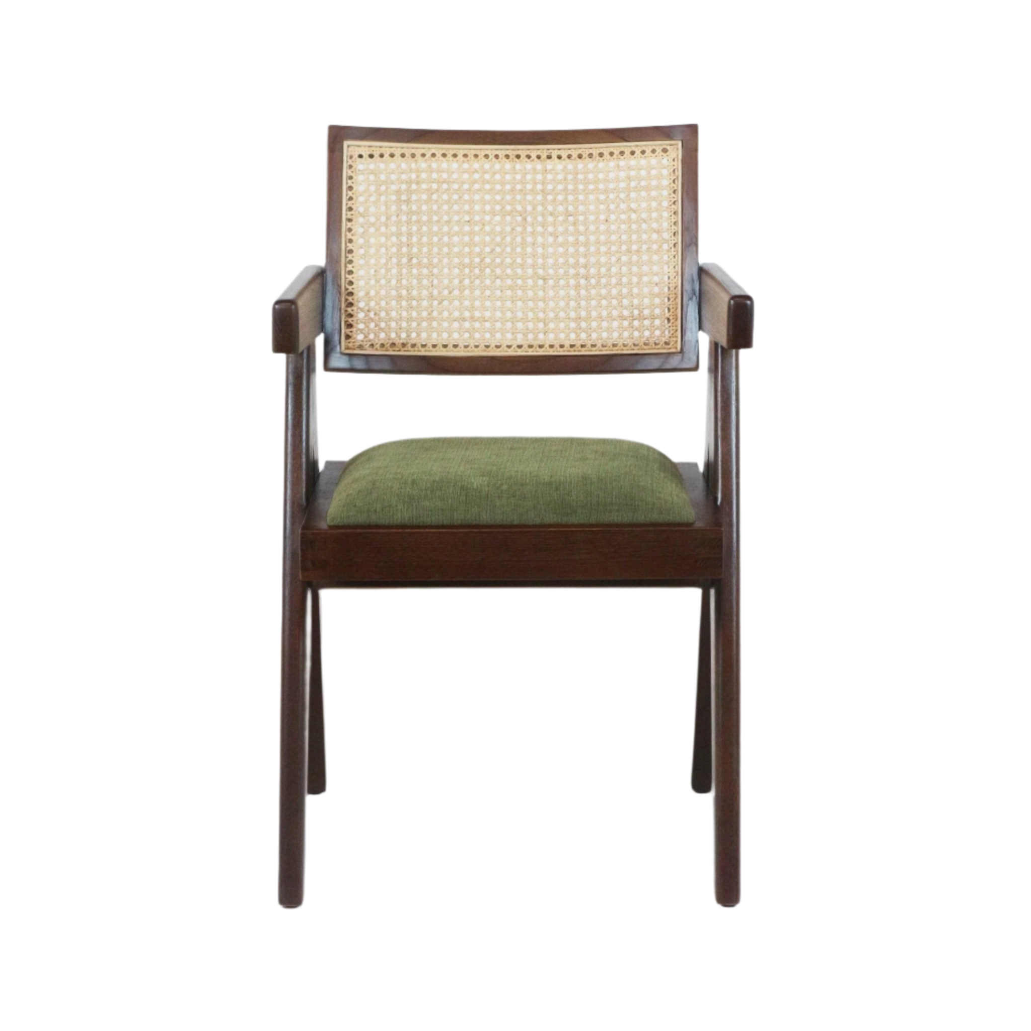Mid-century modern dining chair with a dark wood frame, woven cane backrest and olive-green upholstered seat cushion, featuring slim armrests and straight legs on a white background.