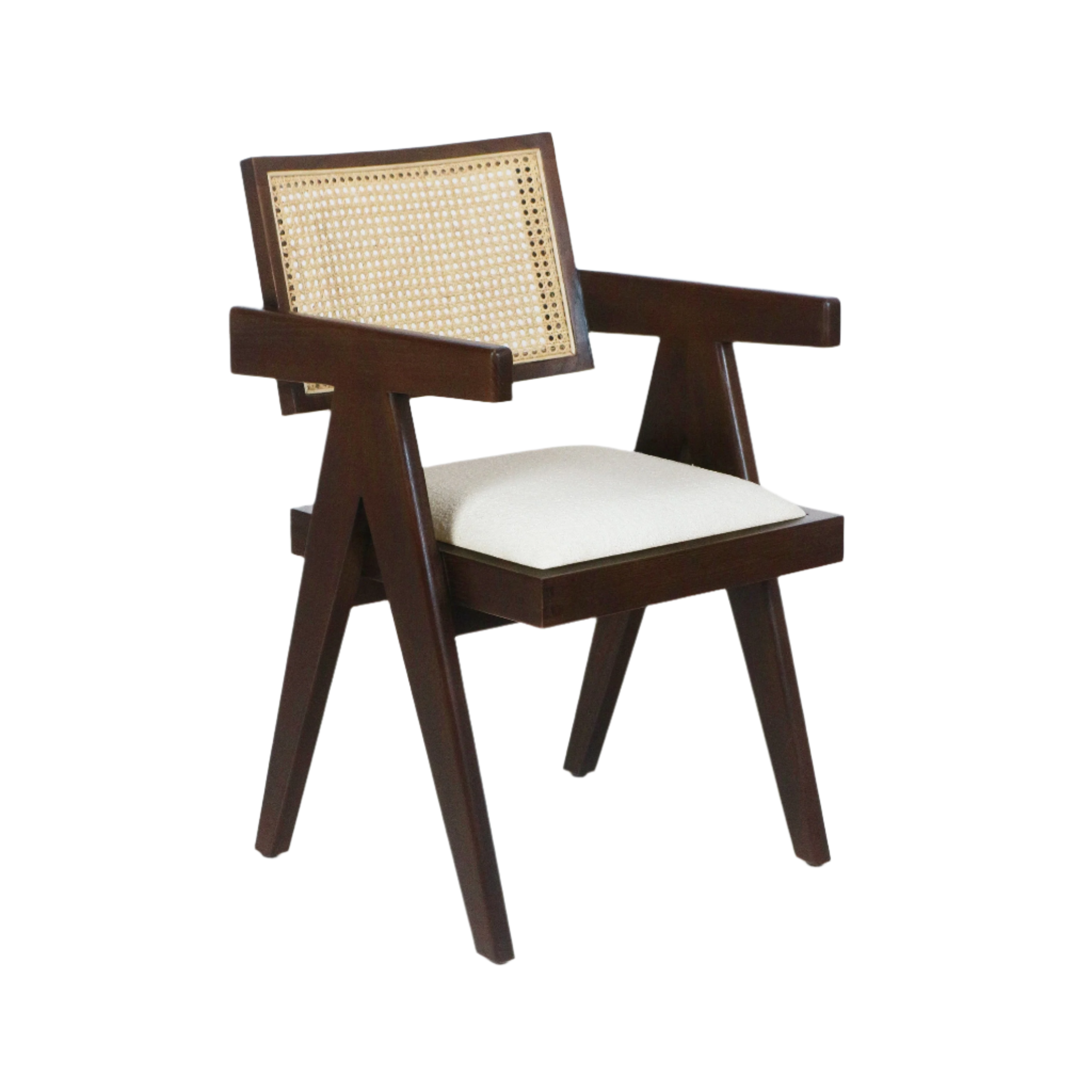 Mid-century modern dining chair with dark wood frame, woven natural cane back and beige upholstered seat cushion, angled legs and rectangular armrests.