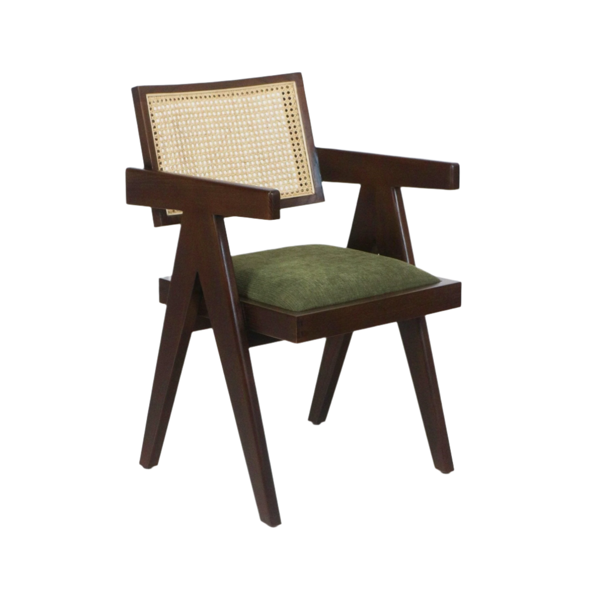 Mid-century modern dining armchair with dark wood frame, woven natural cane backrest, angled legs and an olive-green upholstered seat cushion.