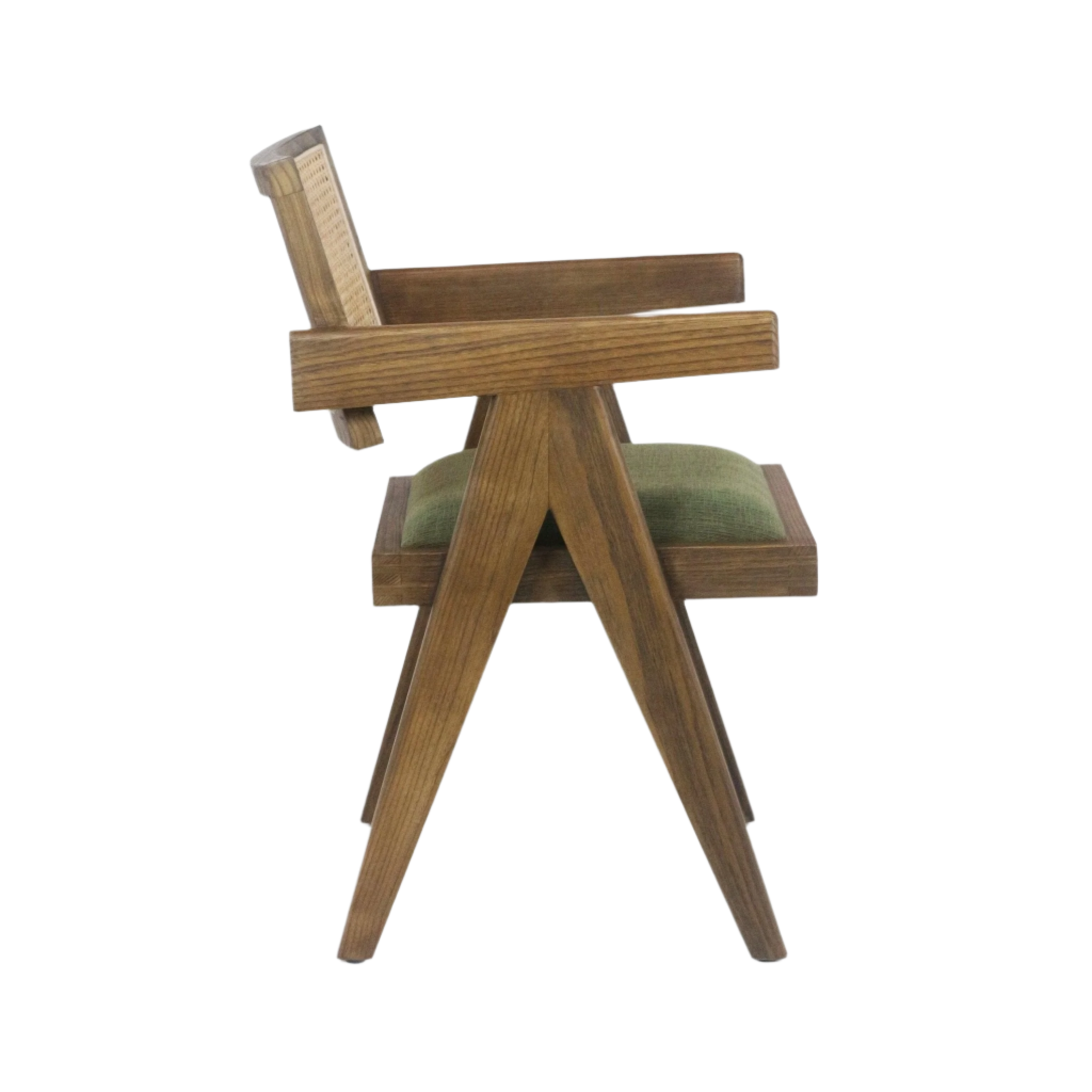 Side view of a midcentury wooden dining chair with cane backrest, angled A-frame legs in a medium brown finish and a green upholstered seat cushion.