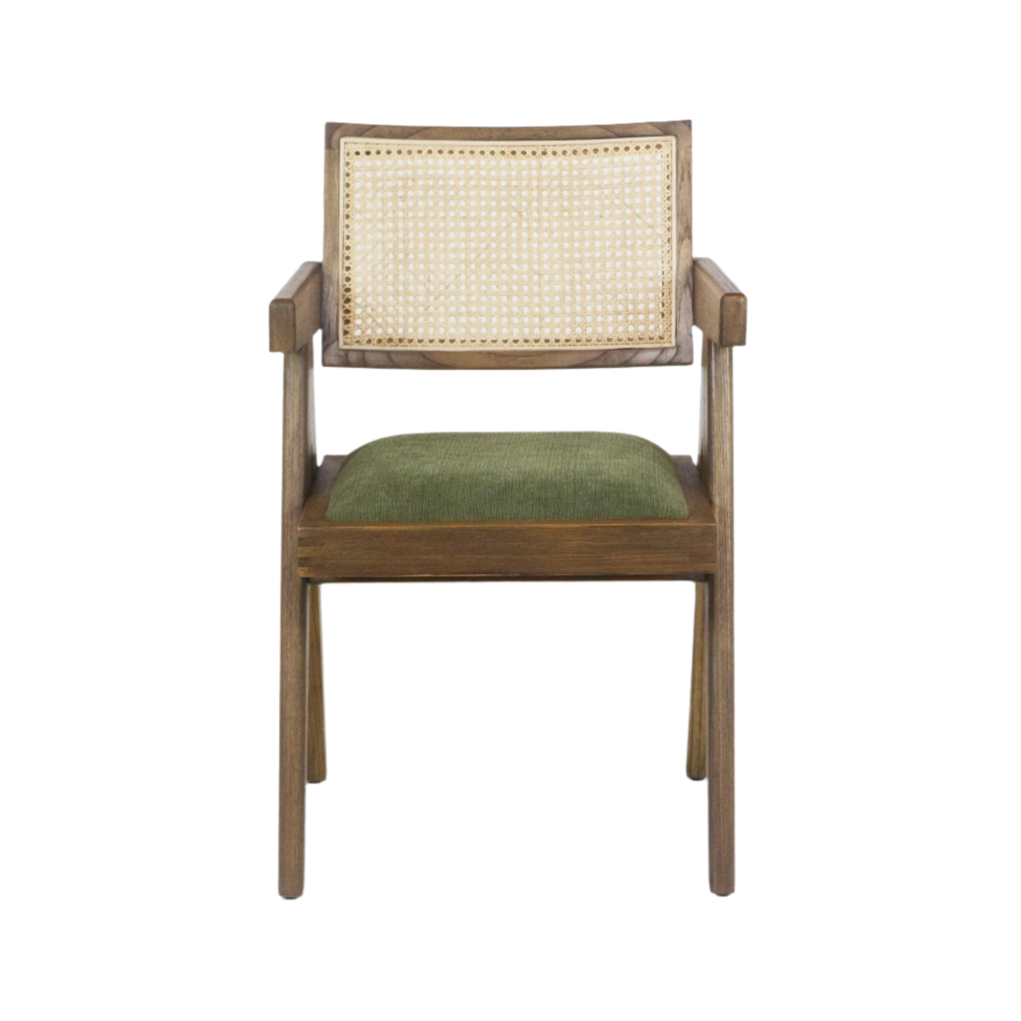 Natural wood dining chair with a woven cane back, square armrests, and a green upholstered seat cushion in a modern mid-century silhouette.