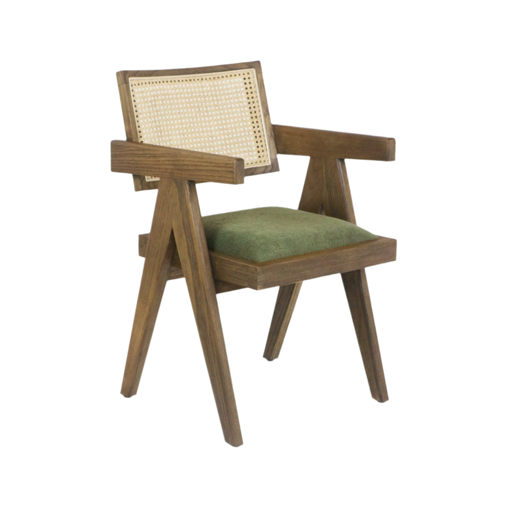 Mid-century modern wooden dining chair with a natural wood frame, woven cane backrest, angled legs, armrests and a green upholstered seat cushion.