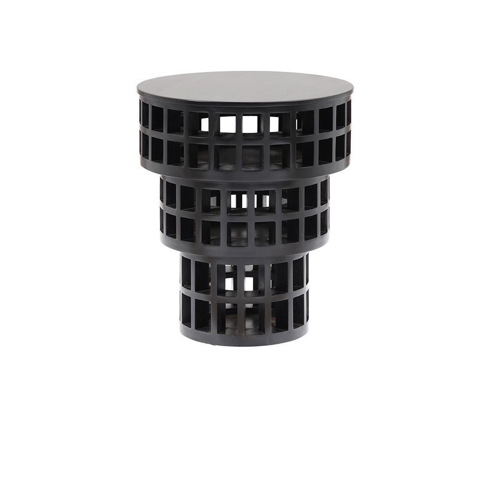 Modern round mahogany-black solid wood side table with a flat circular top and three stacked cylindrical tiers featuring square grid cutouts for an open caged look.