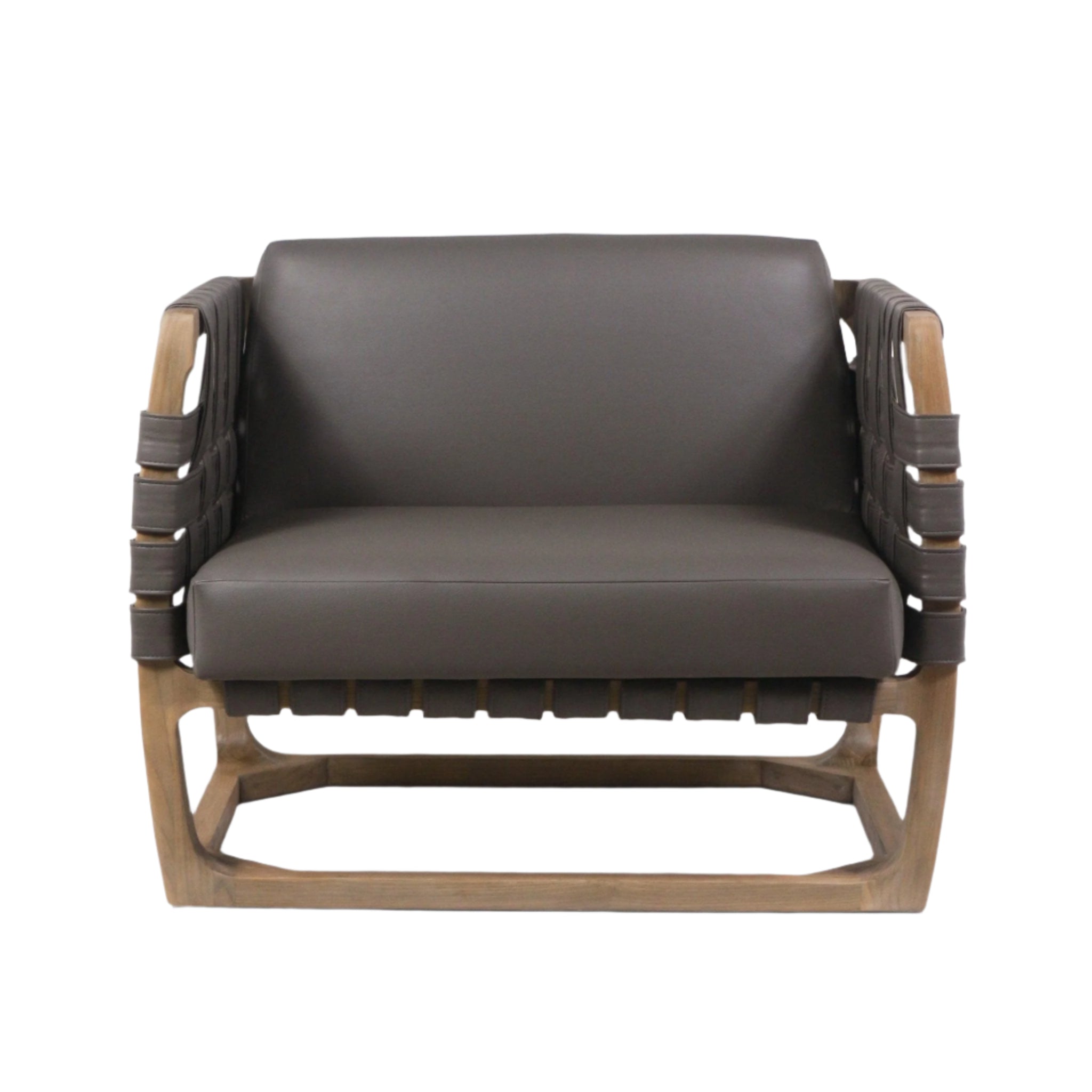 Front-facing modern lounge chair with dark brown faux-leather cushions and woven faux-leather straps on the arms and underside, supported by a natural solid wood open frame; low-back cushioned seat in contemporary style.
