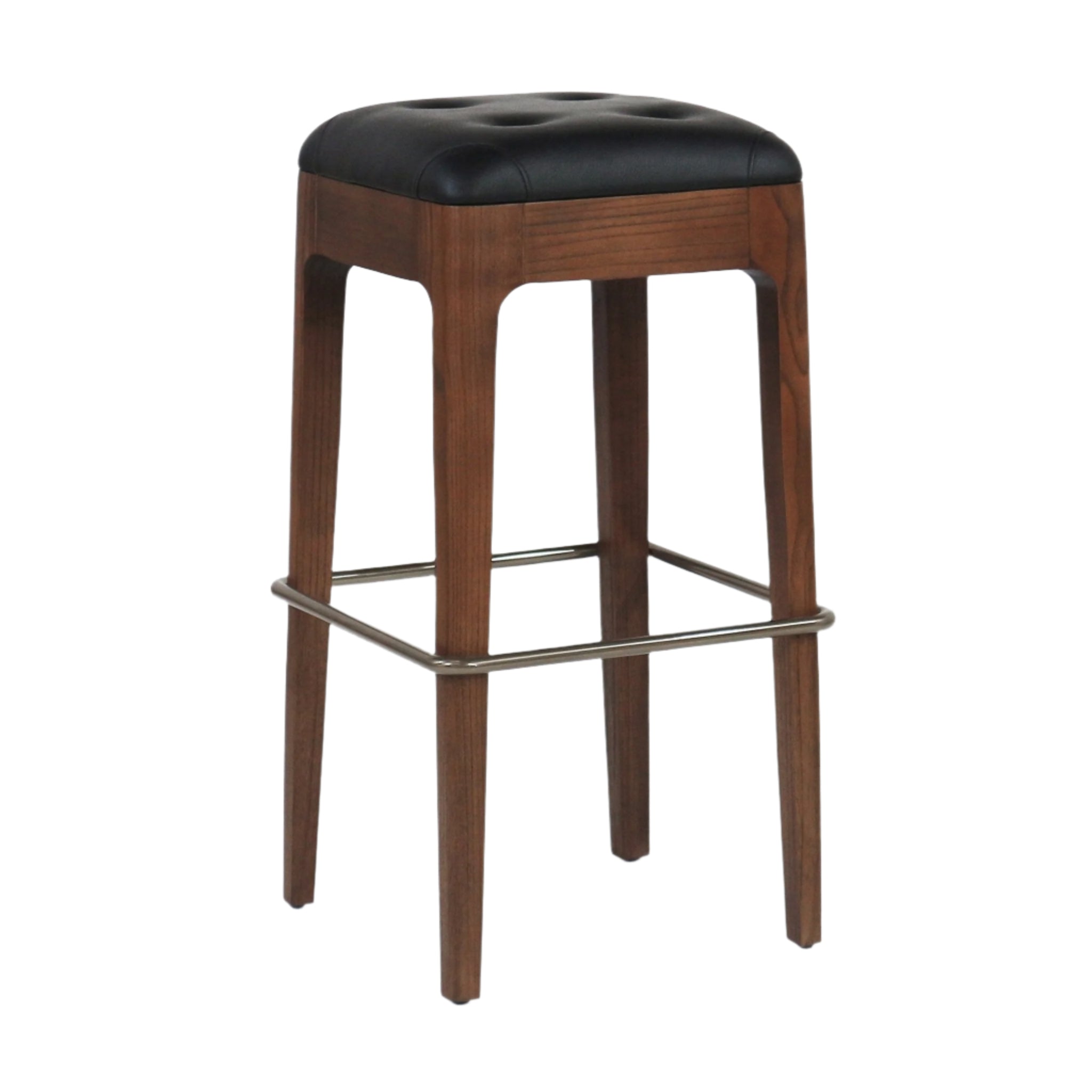 Backless modern bar stool with tufted black leather seat, walnut-finish wooden frame and square brushed metal footrest.