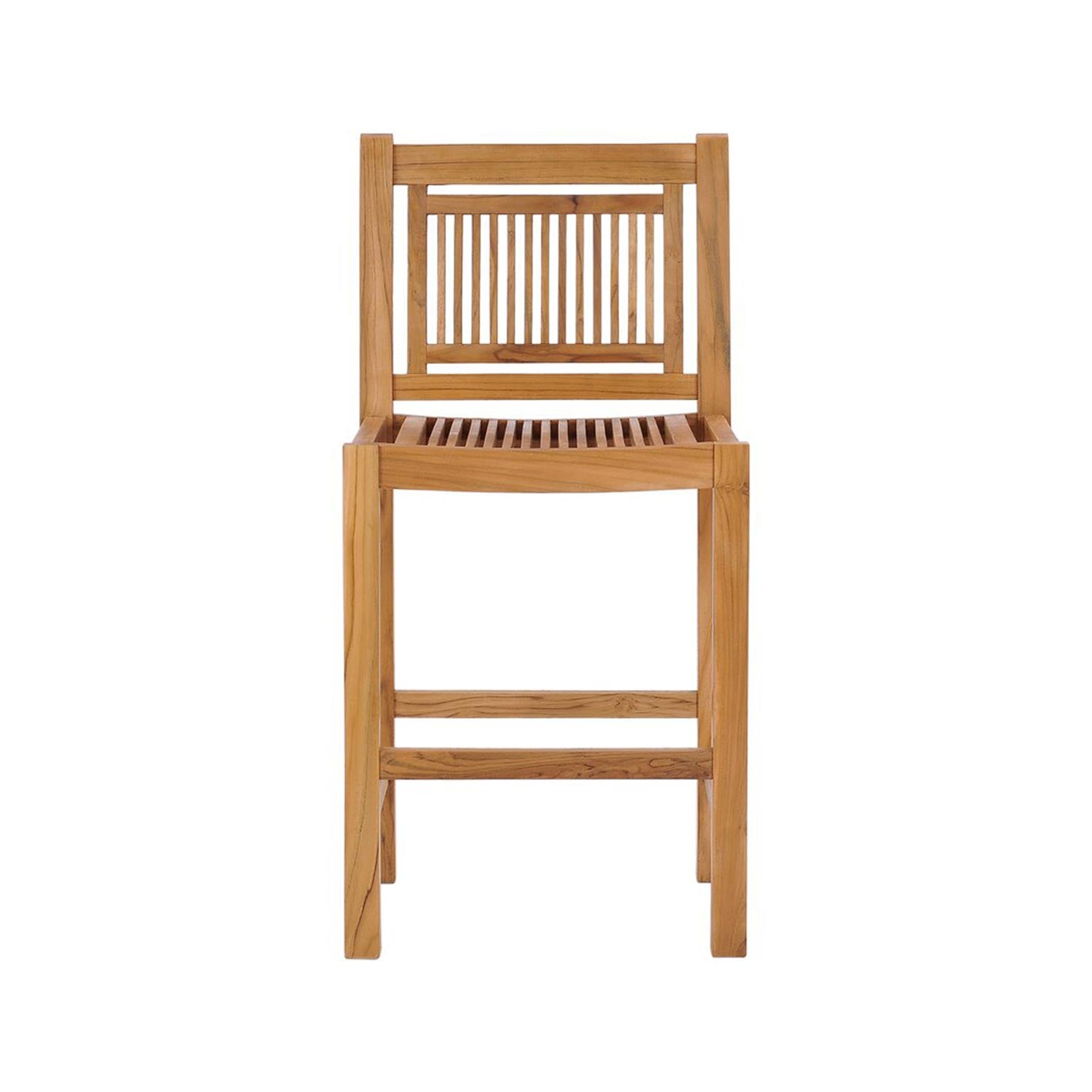 Armless teak outdoor bar stool in a natural finish featuring a slatted seat and vertical slat back, solid wood frame with integrated footrest, coastal-style design shown on a white background.
