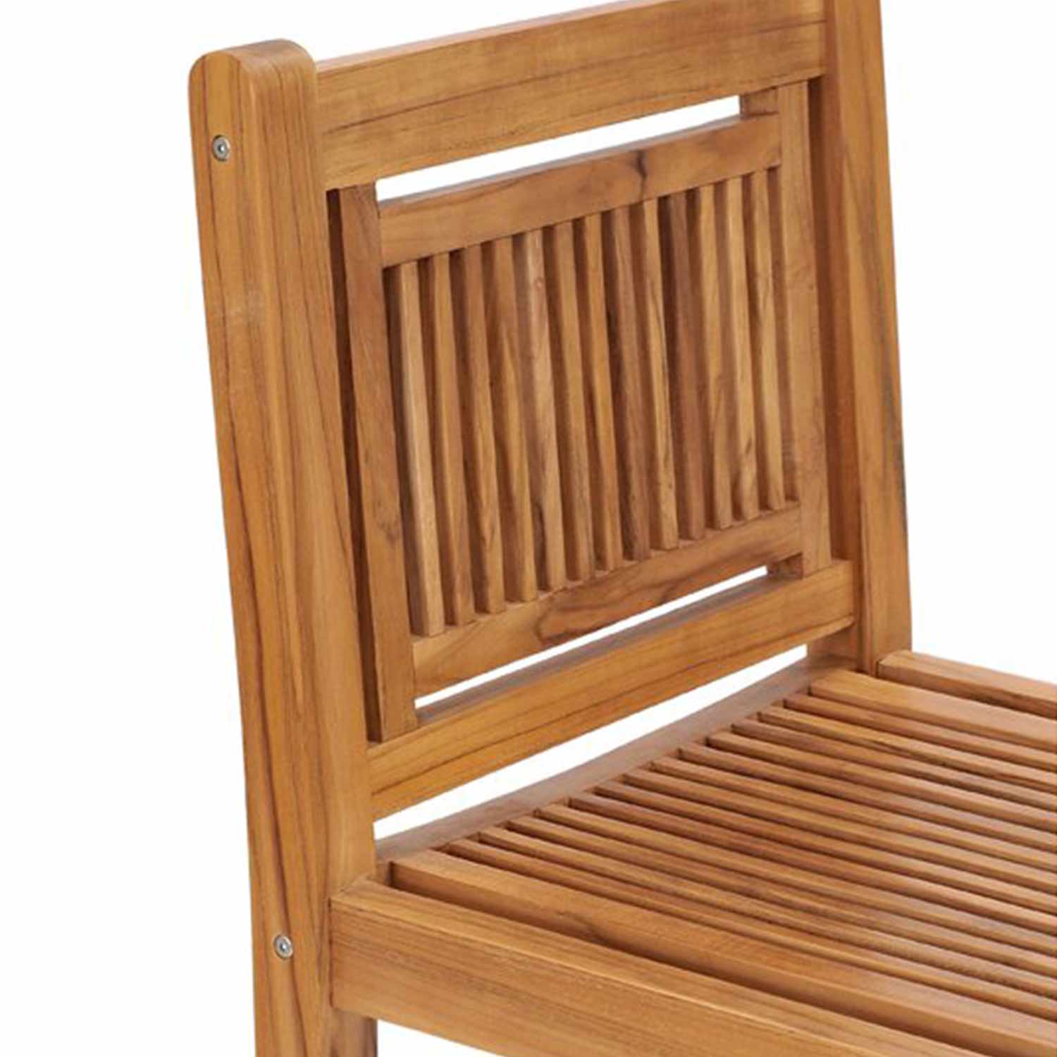 Close-up of an armless outdoor bar stool in natural teak showing a vertical slatted back panel and a horizontal slatted seat on a solid wood coastal-style frame.