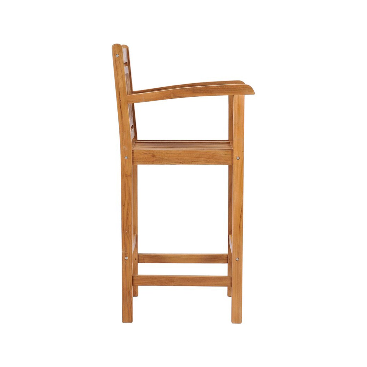 Side profile of a natural teak outdoor bar stool on a white background, featuring a slatted seat and back, integrated armrests, tall straight legs and a built-in footrest in a warm natural teak finish.