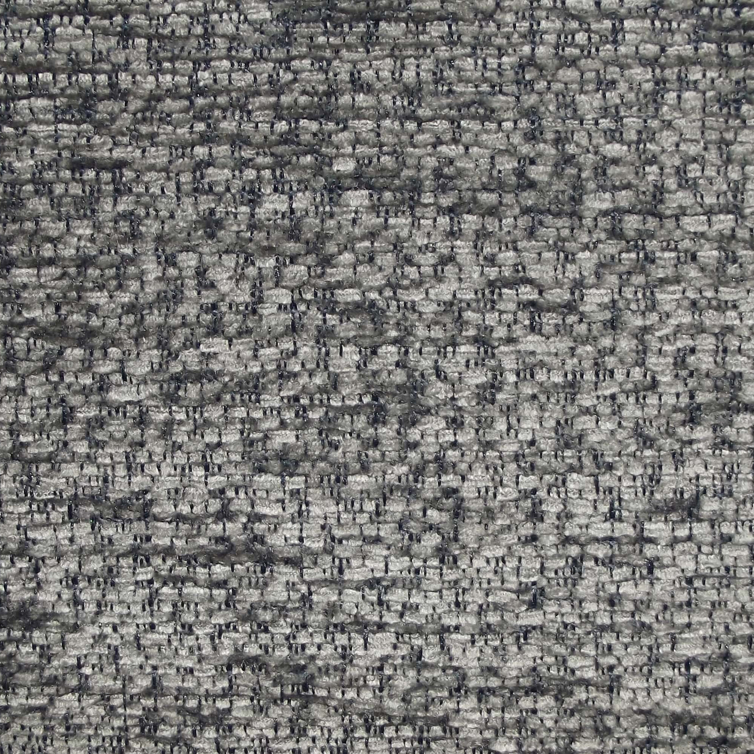 Close-up of grey boucle upholstery fabric showing looped, nubby texture with darker grey and charcoal flecks and a soft woven appearance.