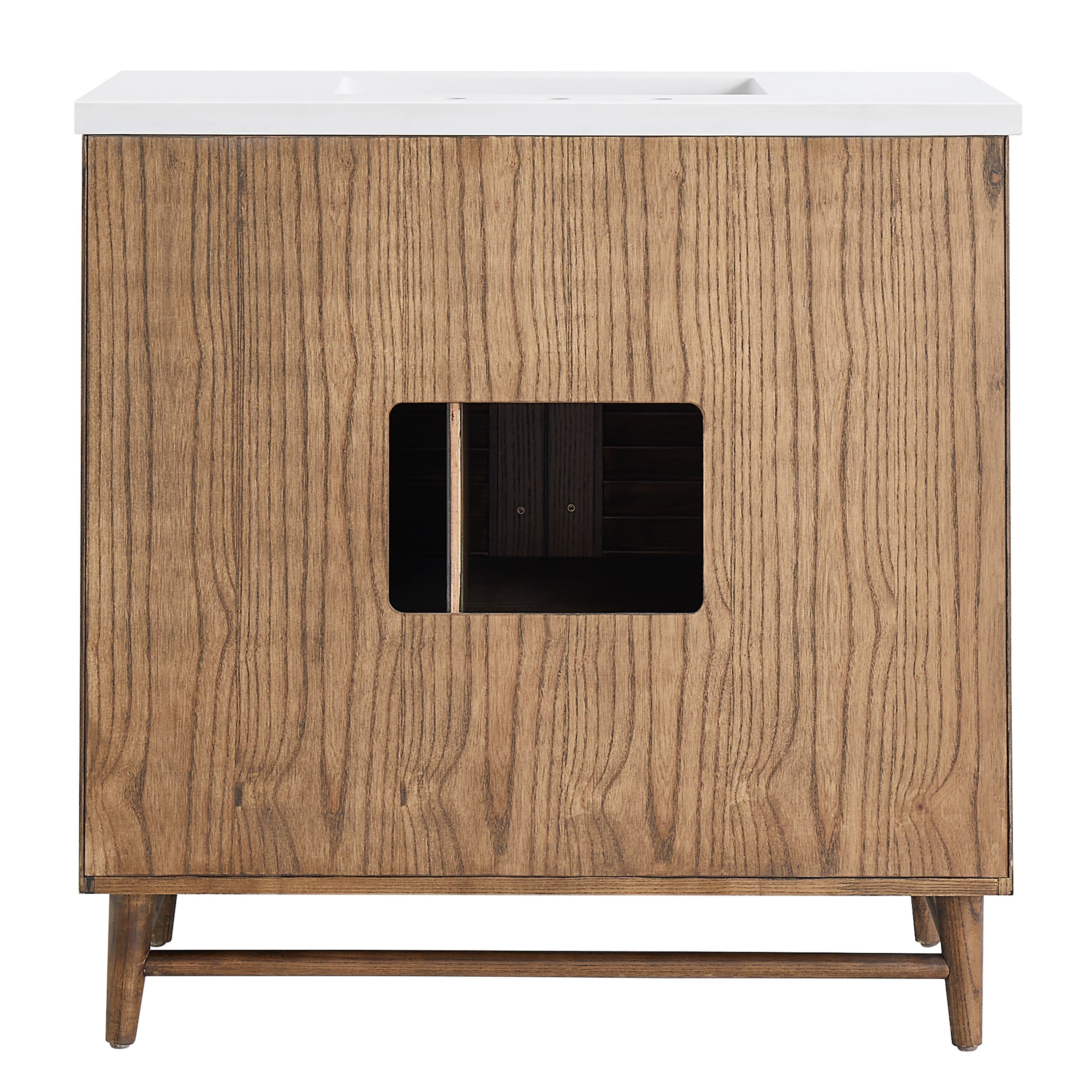 36-inch walnut bathroom vanity with natural wood grain, tapered legs and stretcher, pure white quartz top with rectangular undermount sink and 8-inch widespread faucet holes, and centered rectangular cutout for plumbing access.