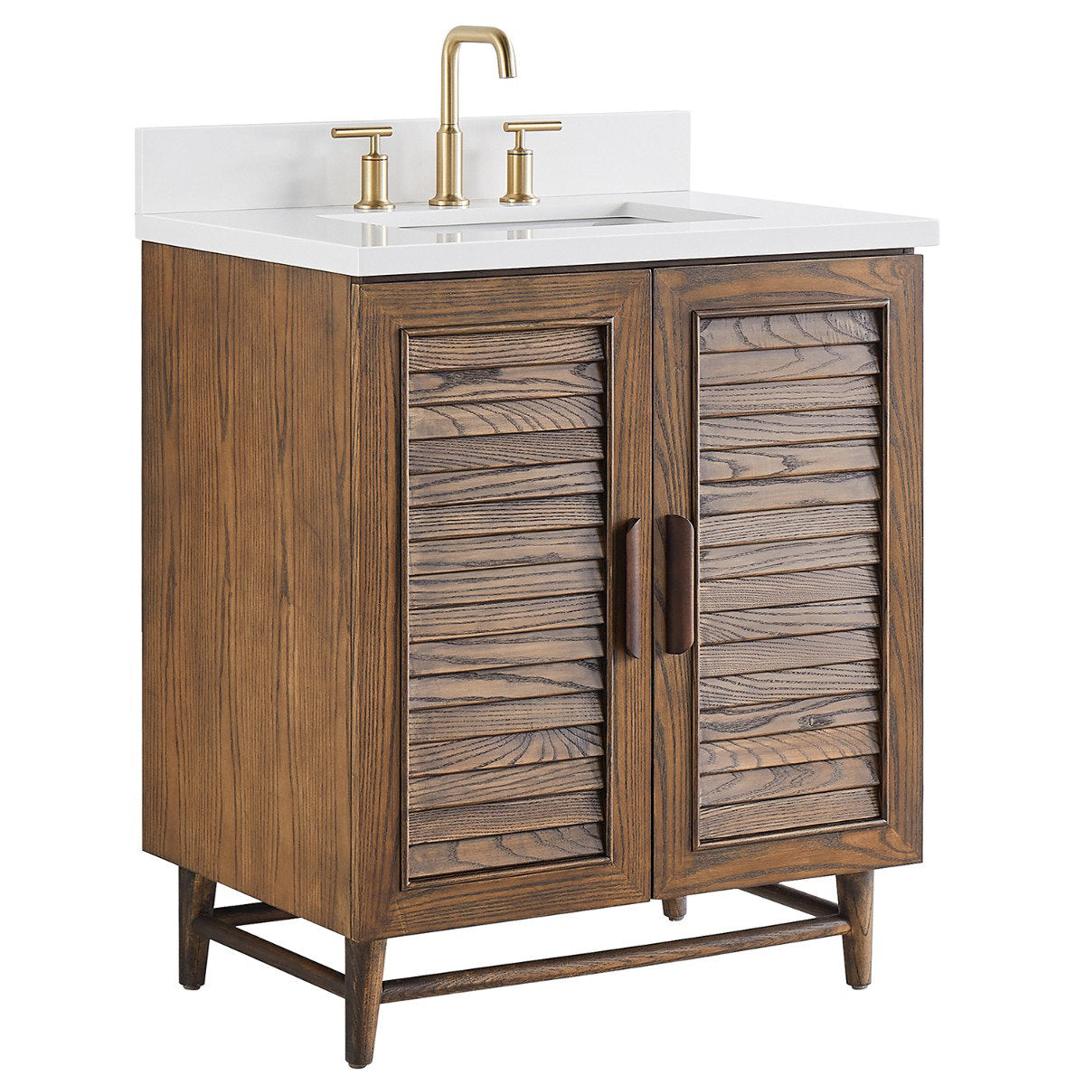 36-inch walnut bathroom vanity with louvered double doors, white quartz countertop and rectangular undermount sink, paired with a brushed gold widespread faucet and dark metal handles.