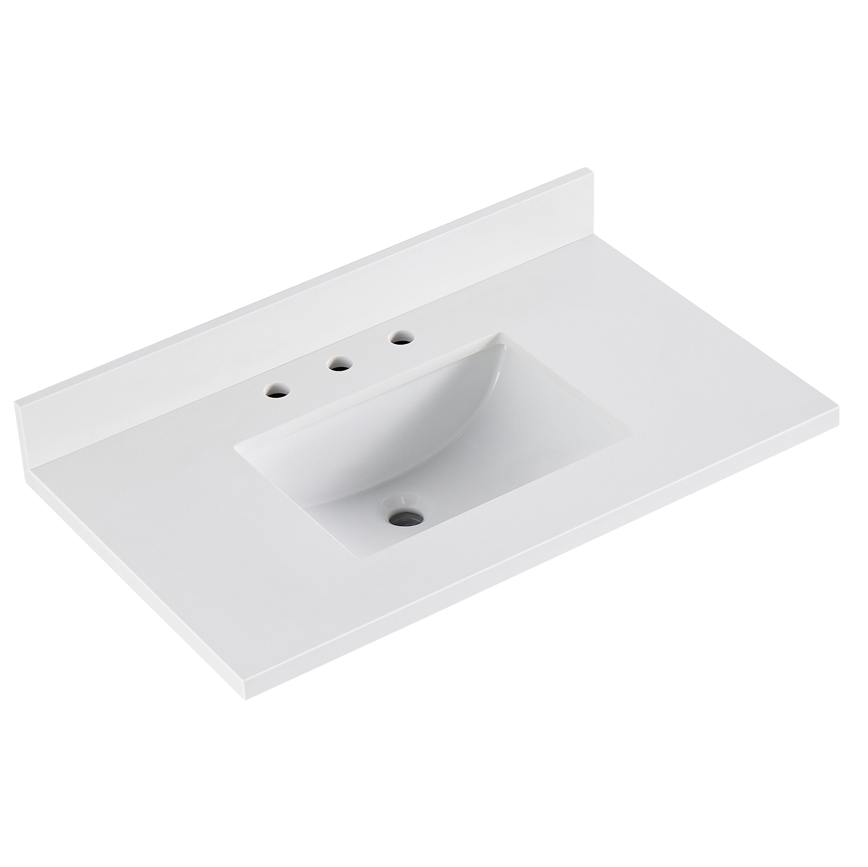 Pure white quartz vanity top with integrated rectangular undermount sink, three predrilled faucet holes and short backsplash, shown in a modern minimalist style.