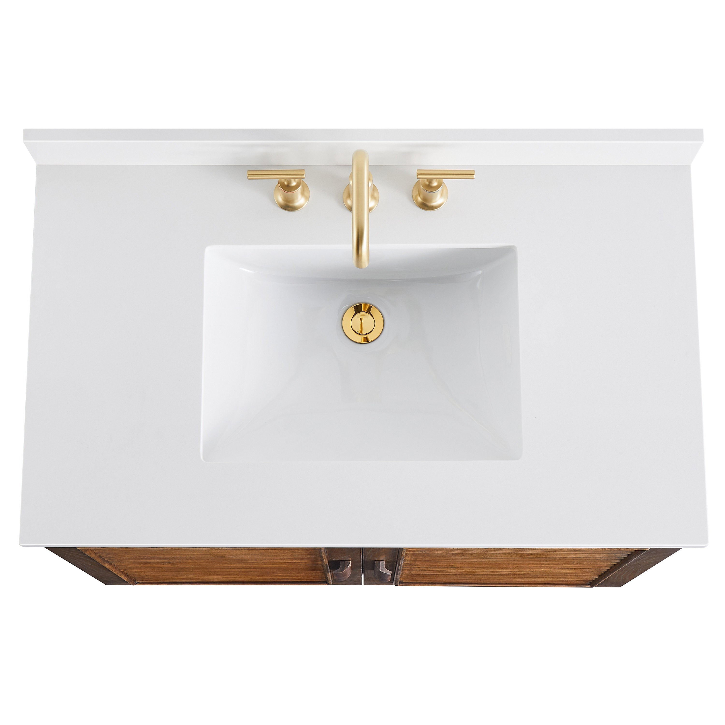 Top-down view of a 36-inch white quartz vanity with a rectangular undermount ceramic sink, brushed gold widespread faucet and drain, and walnut wood cabinet doors in a modern rustic style.