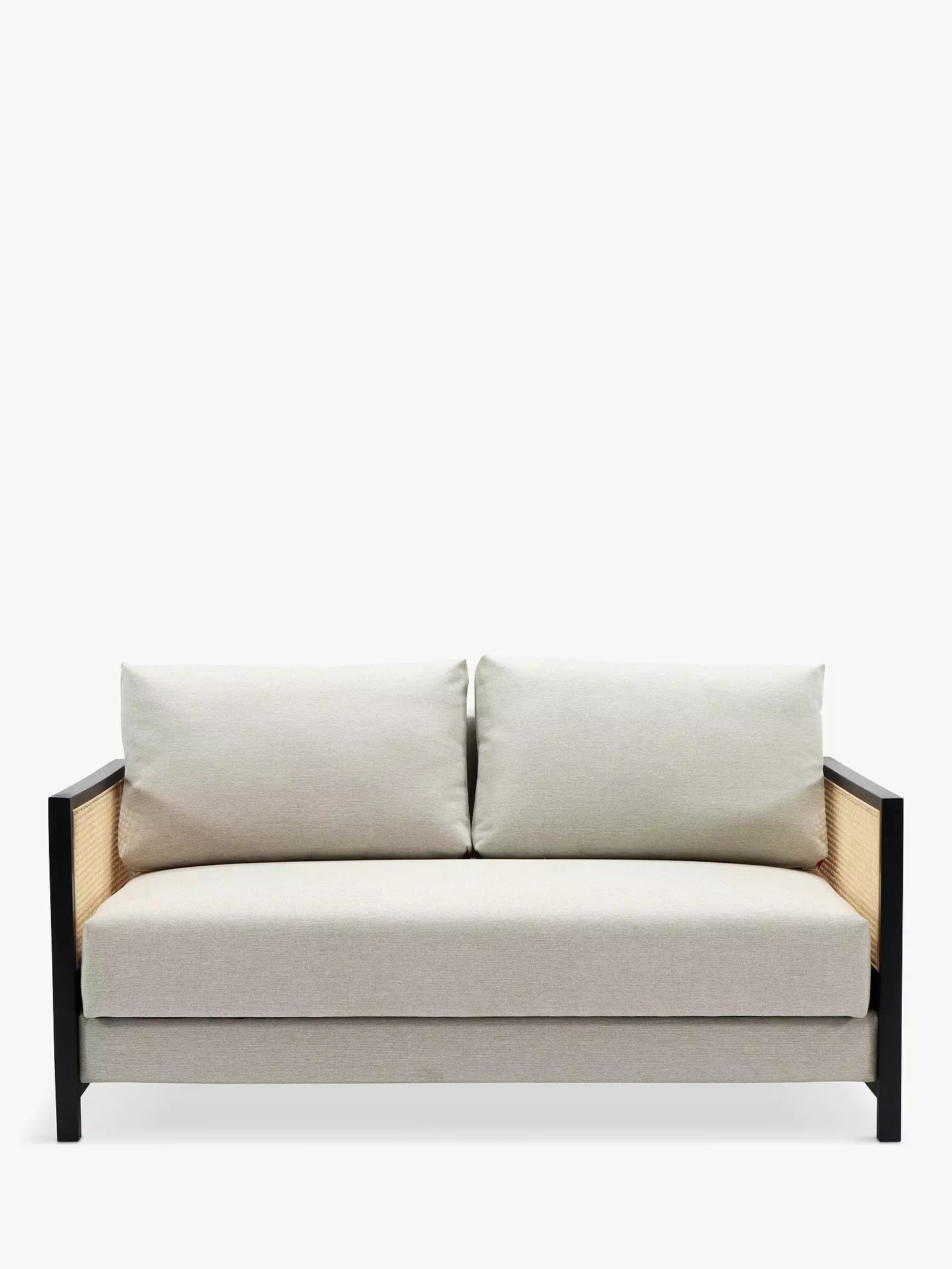 Modern beige upholstered sofa bed with two loose back cushions, black metal frame and woven cane side panels shown front-on against a white background.