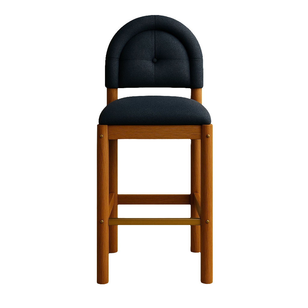 Front view of an armless teak wood bar stool with a rounded, button-tufted black chenille back and cushioned black chenille seat, natural wood frame and brass-accented footrest.