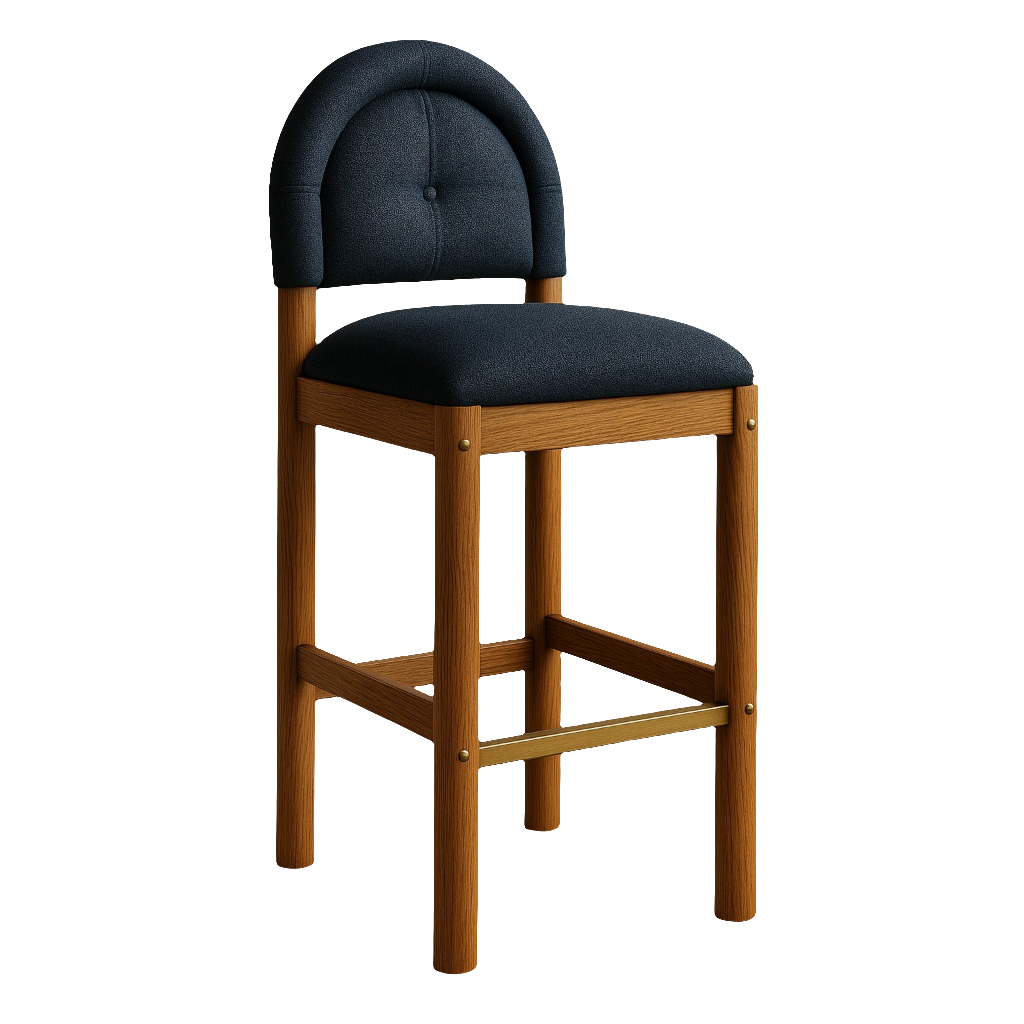 Armless bar stool with a natural teak frame, cushioned black chenille seat and curved tufted back, brass-accented footrest and round legs in a mid-century modern style.