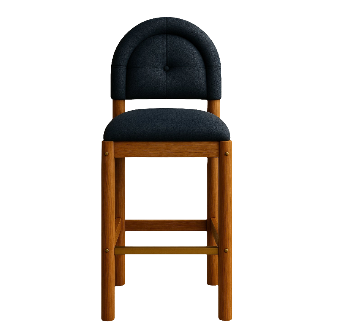 Front view of an armless bar stool with black chenille upholstered seat and rounded tufted back on a natural teak wood frame, featuring a brass footrest and visible brass hardware accents.
