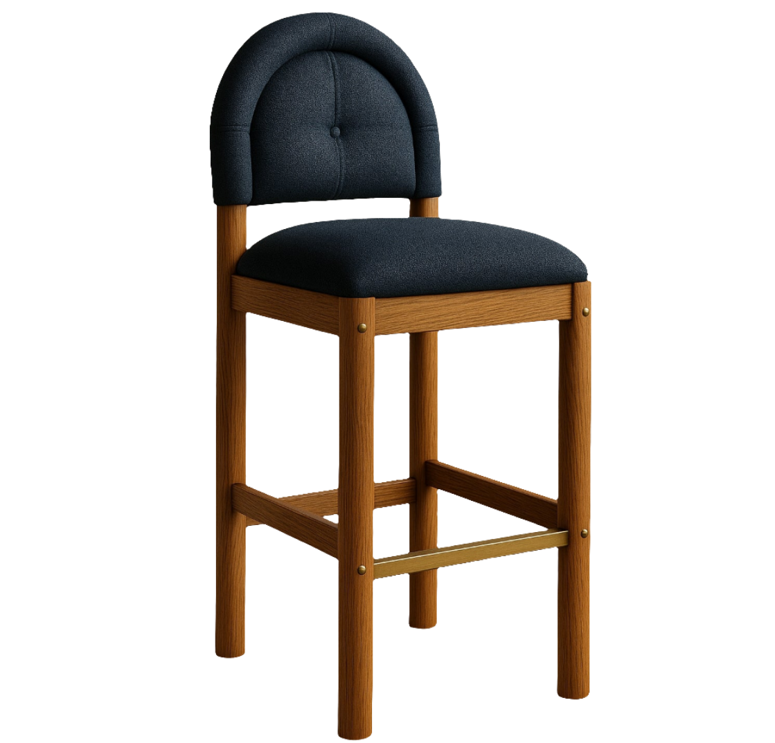 Armless bar stool with a natural teak wood frame, cushioned dark charcoal chenille seat and rounded button-tufted back, plus a brass footrest and brass accent rivets in a mid-century modern style.
