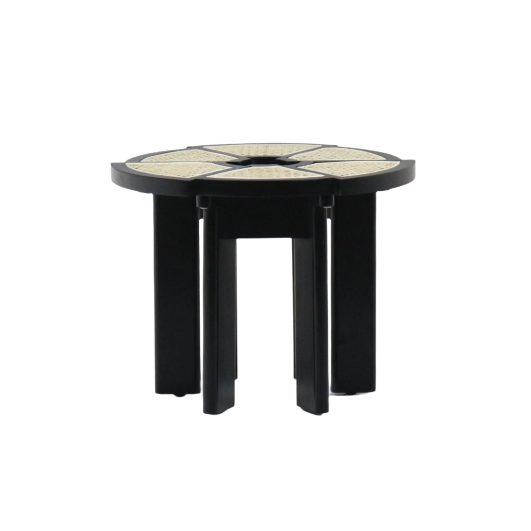 Round mid-century modern side table with a black gloss wooden frame and natural cane inset top divided into radial panels, supported by multiple vertical black legs.