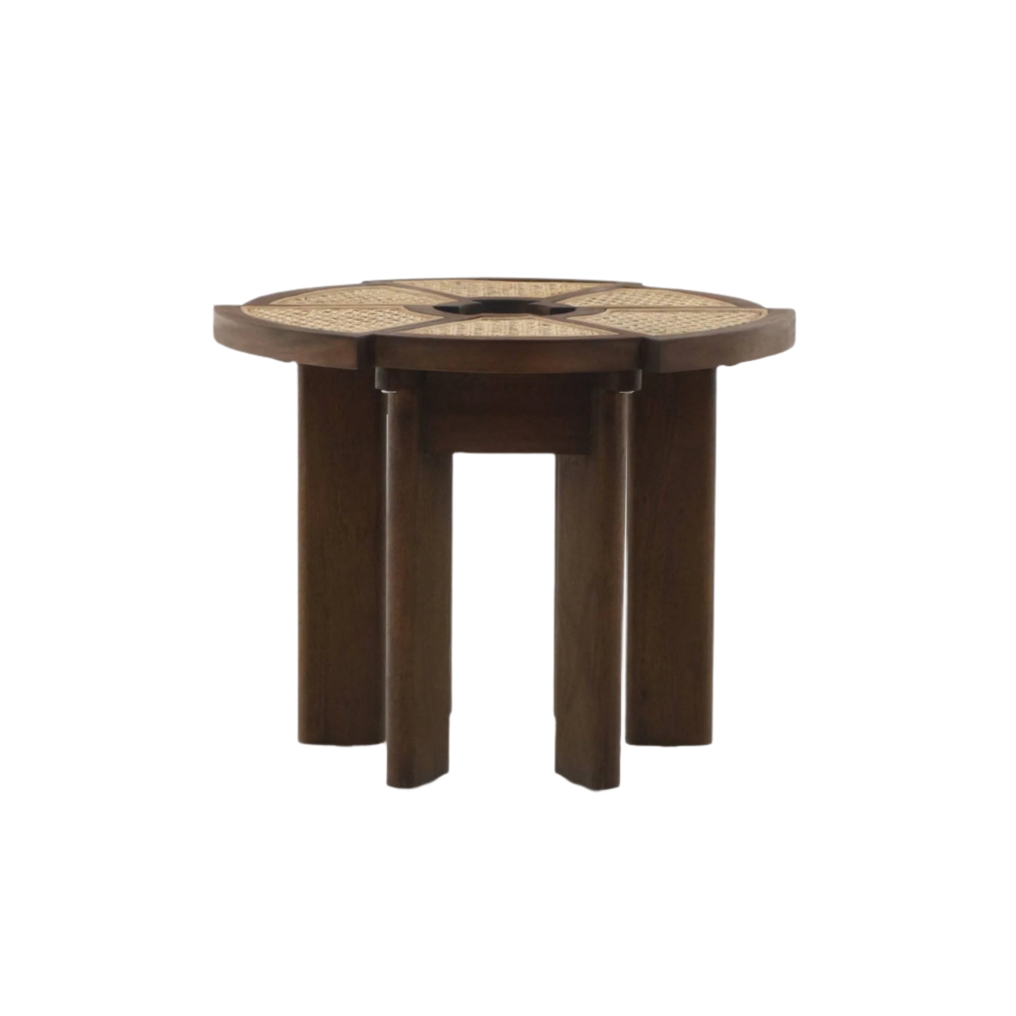 Round mid-century modern side table in teak brown with a cane-woven circular top segmented by radial teak spokes and a central star motif, supported by four chunky solid-wood legs.