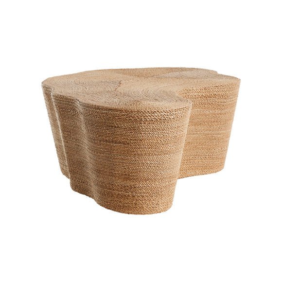 Low natural-colored coffee table with a three-lobed organic shape, tightly woven abaca rope over a wooden frame, spiral-weave texture on the top and rounded vertical sides.