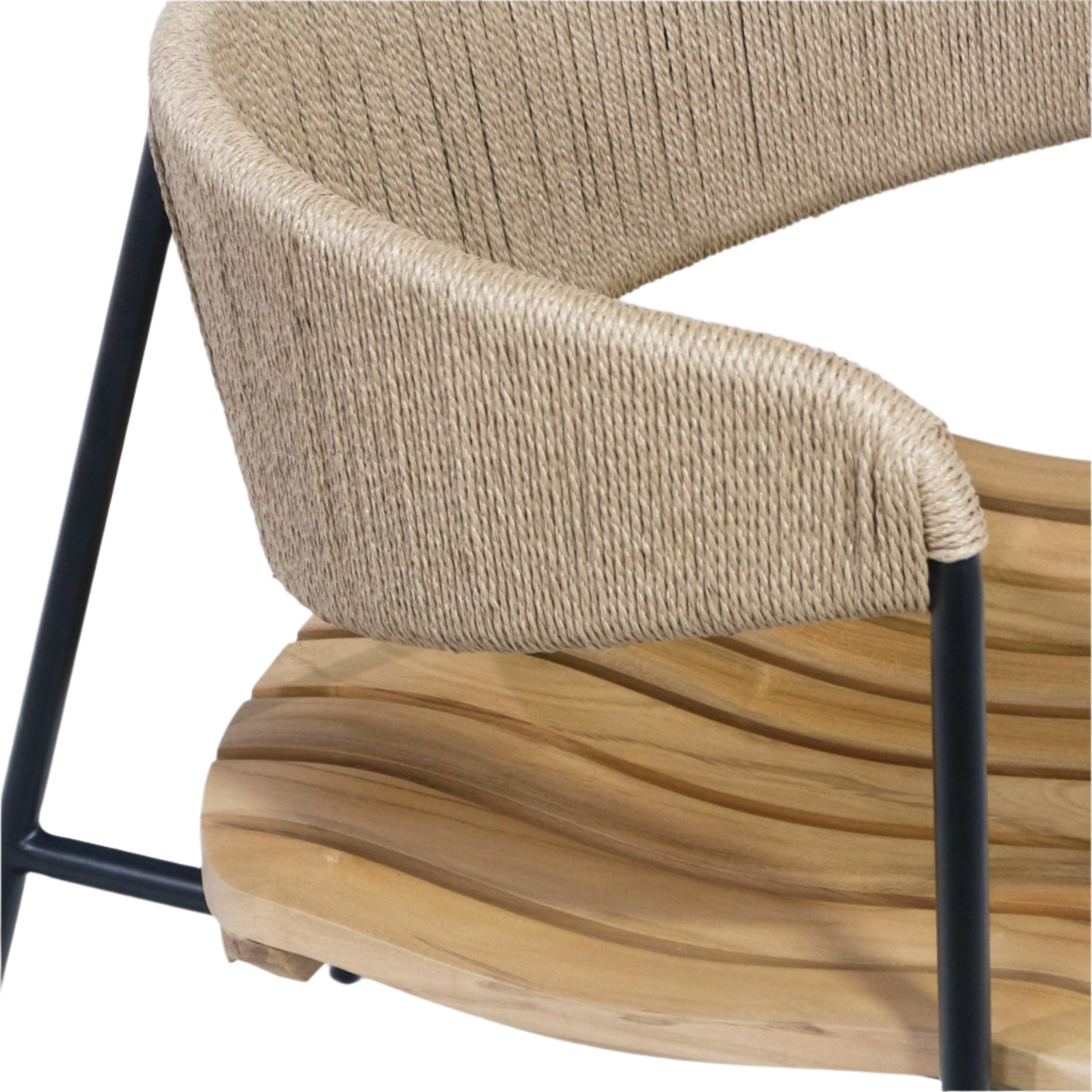 Close-up of a dining chair showing a beige rush-woven backrest wrapped around a black metal frame and a curved teak slatted seat.