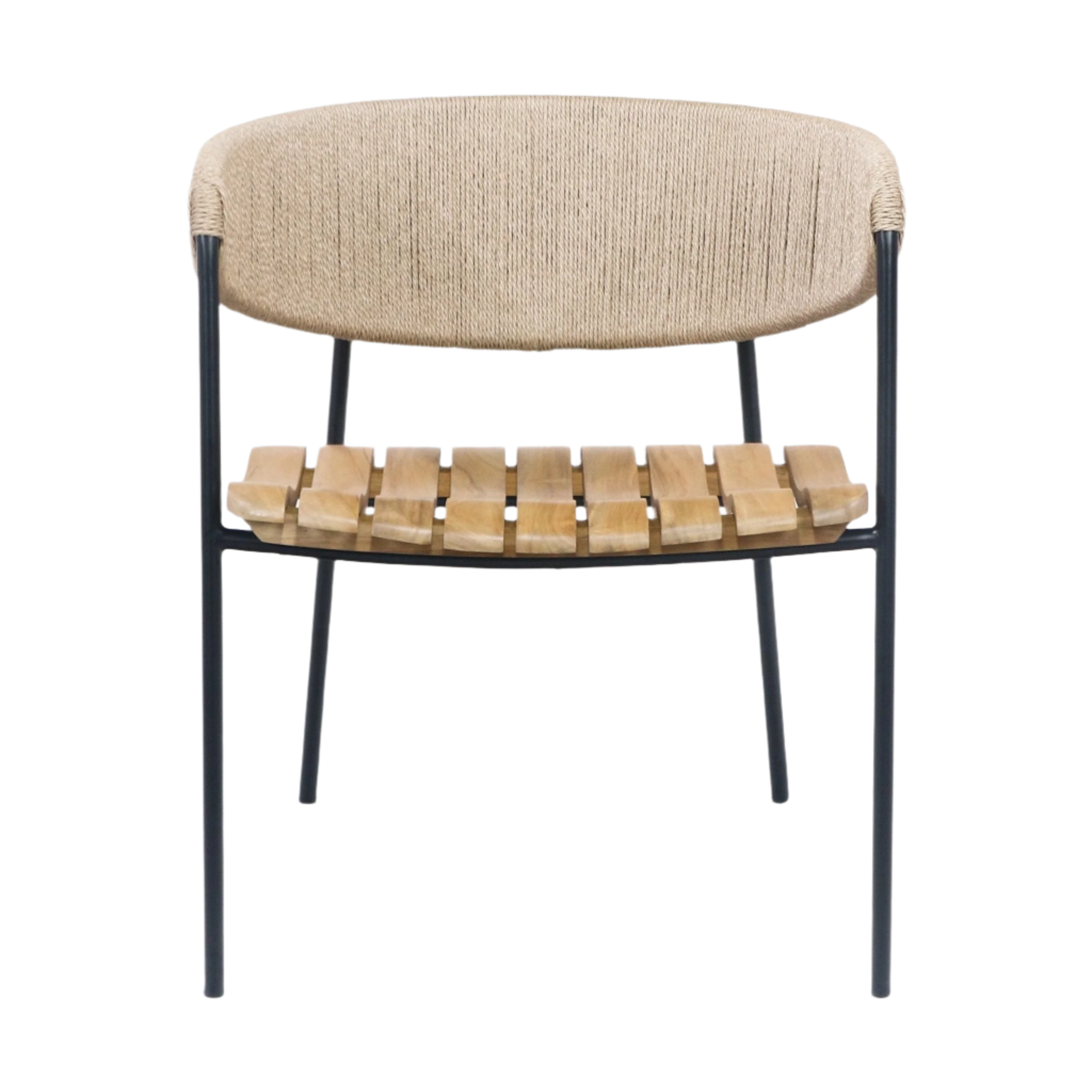 Front view of a coastal-contemporary dining chair with a beige rush-woven backrest, slatted teak seat and slender black metal frame and legs on a white background.