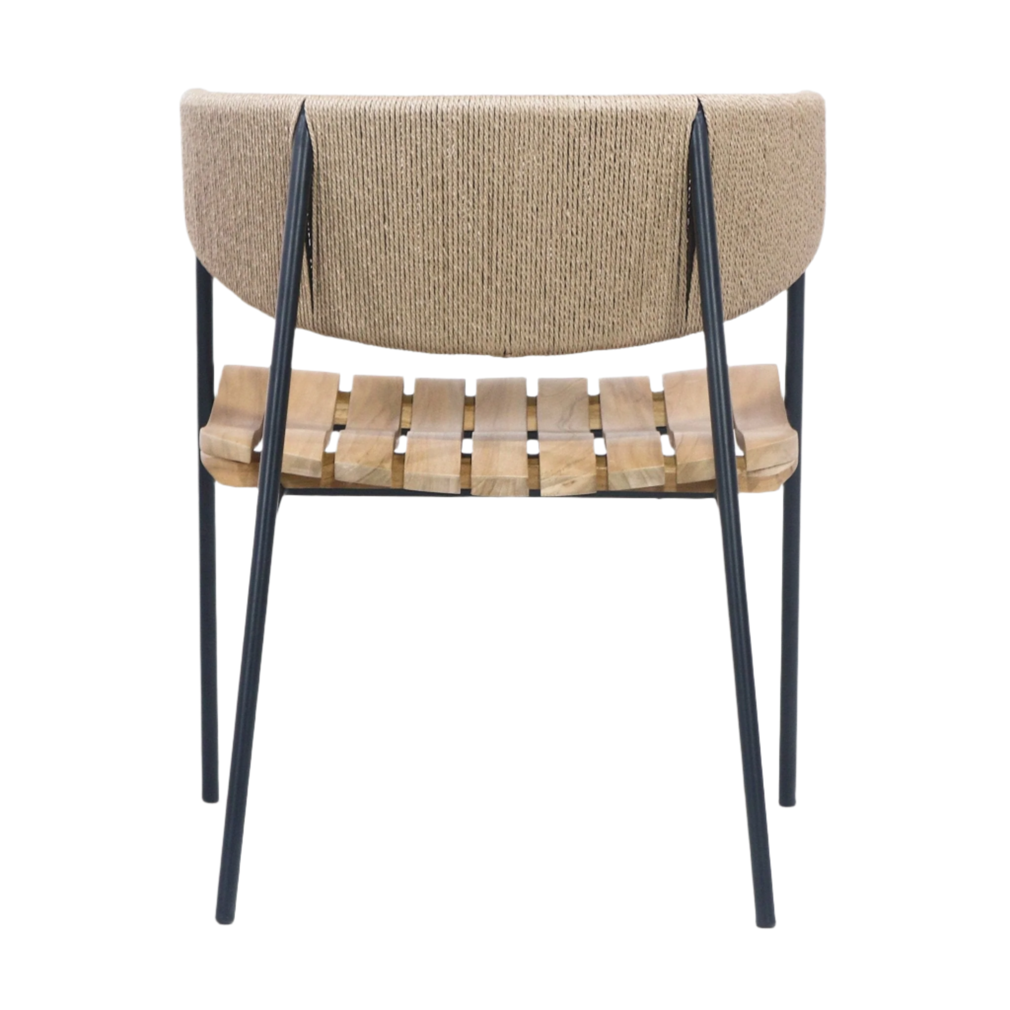 Rear view of a coastal-contemporary dining chair with a natural teak slatted seat, beige rush webbing backrest and slim black metal legs.
