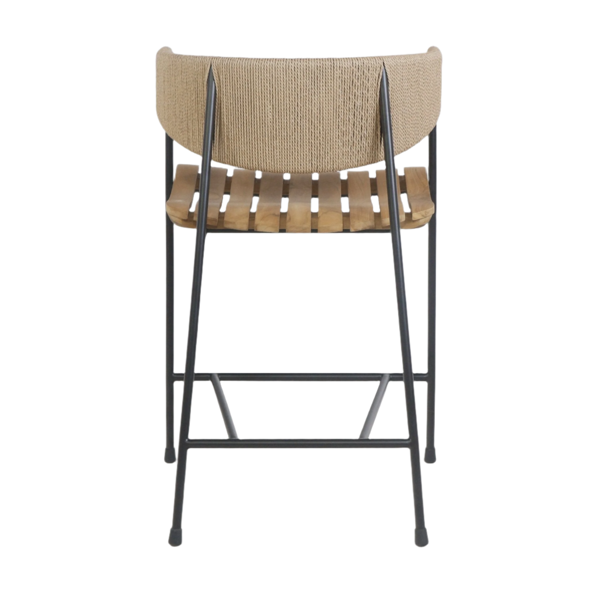 Rear view of a coastal-style stool with a natural teak slatted seat and rush-woven backrest mounted on a slim black steel frame with integrated footrest.