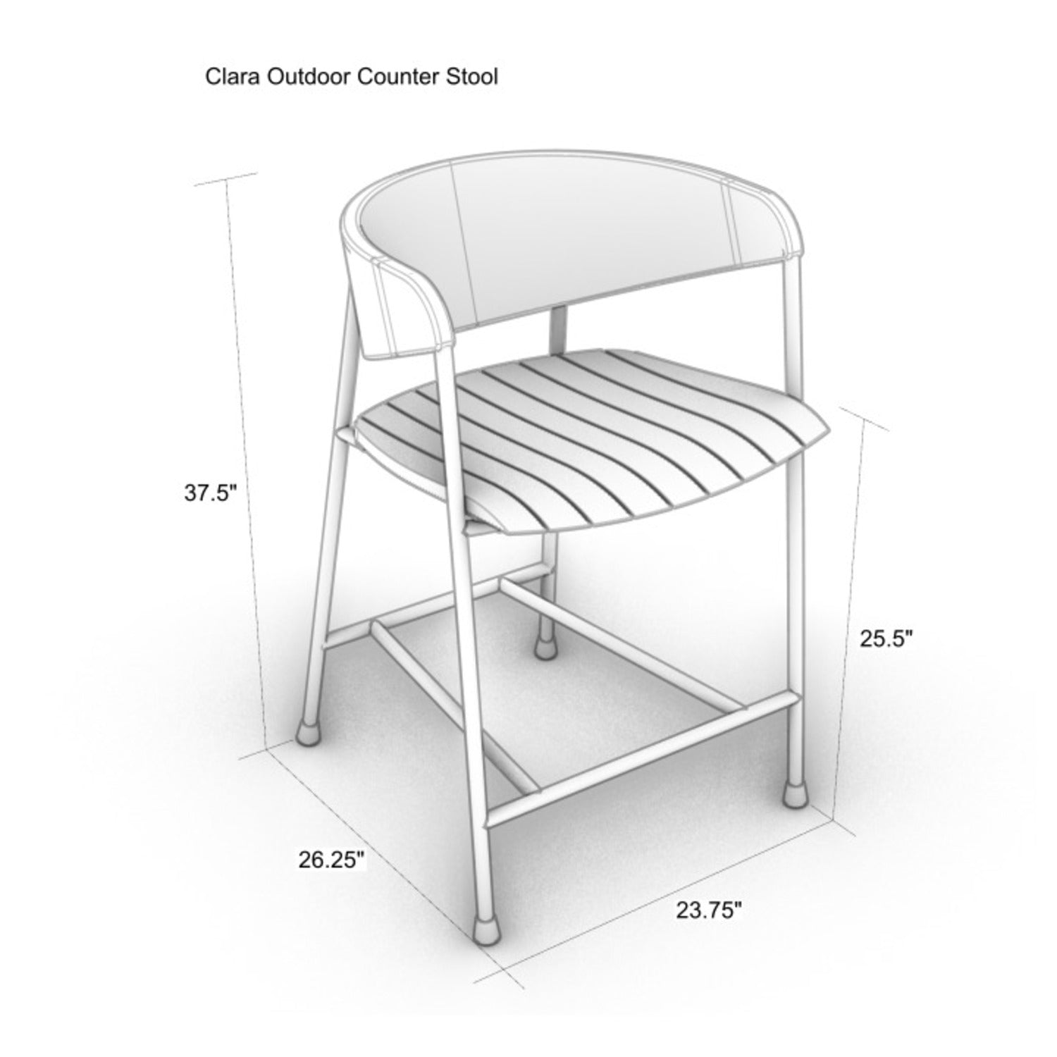 Angled technical illustration of a counter stool with a sculpted teak slatted seat, rush-woven curved backrest and metal frame, shown with dimensions: 37.5 in overall height, 25.5 in seat height, 26.25 in depth, 23.75 in width.