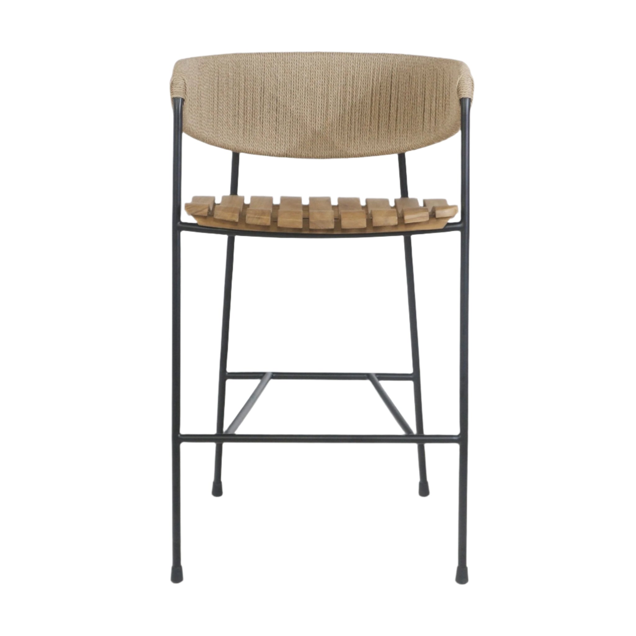 Front view of a coastal-style stool with a sculpted teak slatted seat, natural rush-woven backrest and slender black steel frame with integrated footrest.