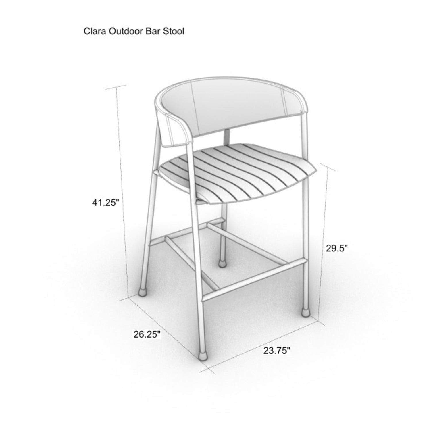 Technical perspective sketch of an outdoor bar stool with slatted teak seat and natural rush-woven back on a slender metal frame with square footrest, annotated with dimensions: overall height 41.25", seat height 29.5", depth 26.25", width 23.75".
