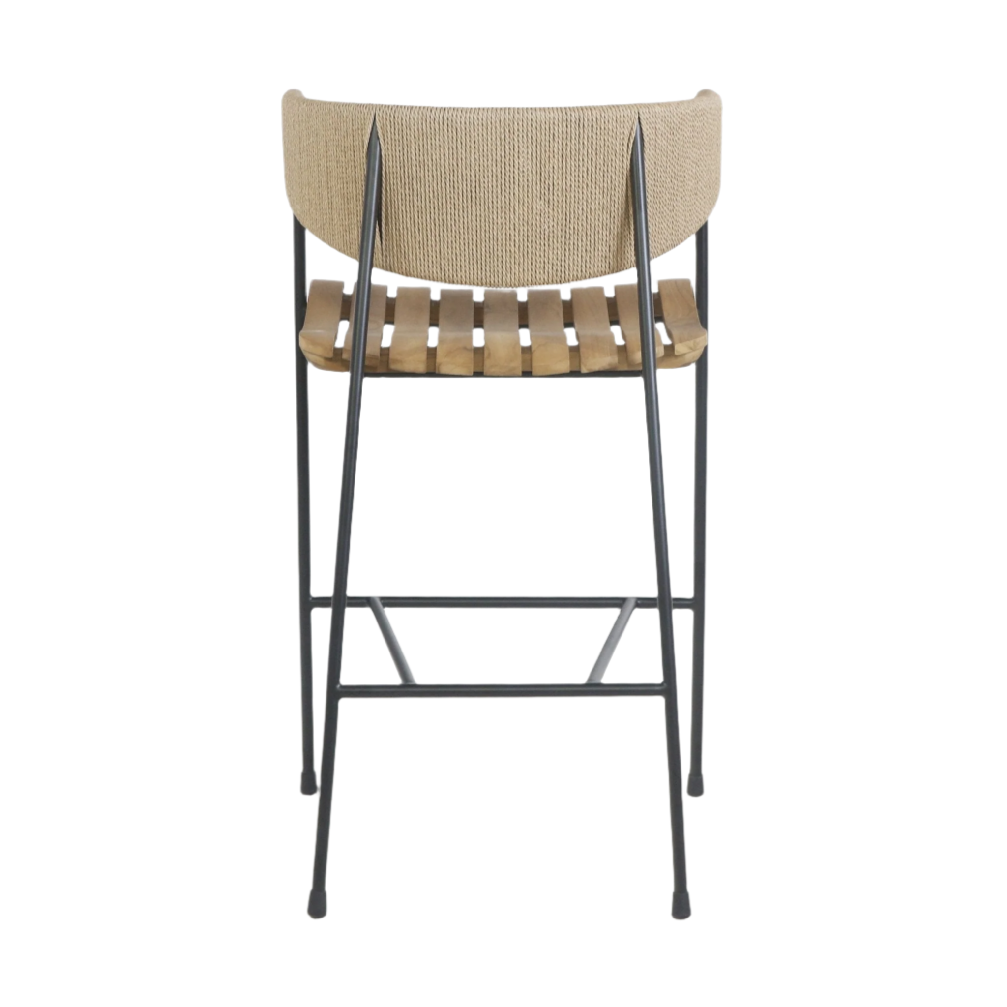 Rear view of a coastal-style stool with a natural teak slatted seat, rush-woven natural backrest and slim black metal frame with integrated footrest.