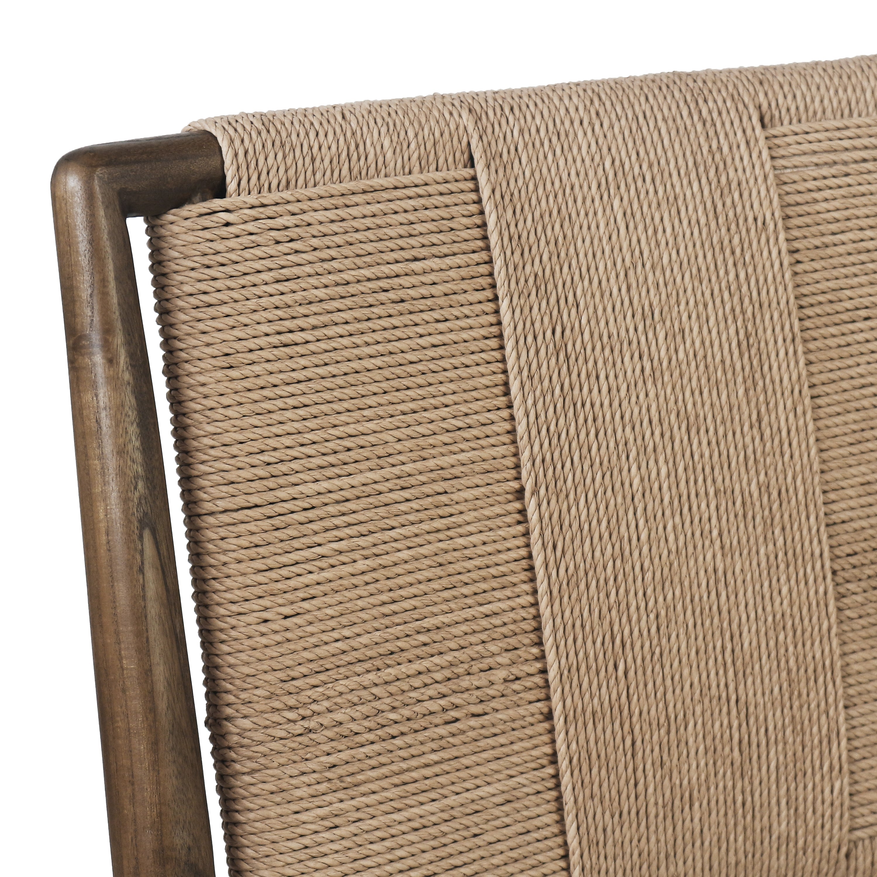 Close-up of a natural solid wood armchair back with beige woven papercord rope, showing a wide central woven strap and tightly braided horizontal weave detail.