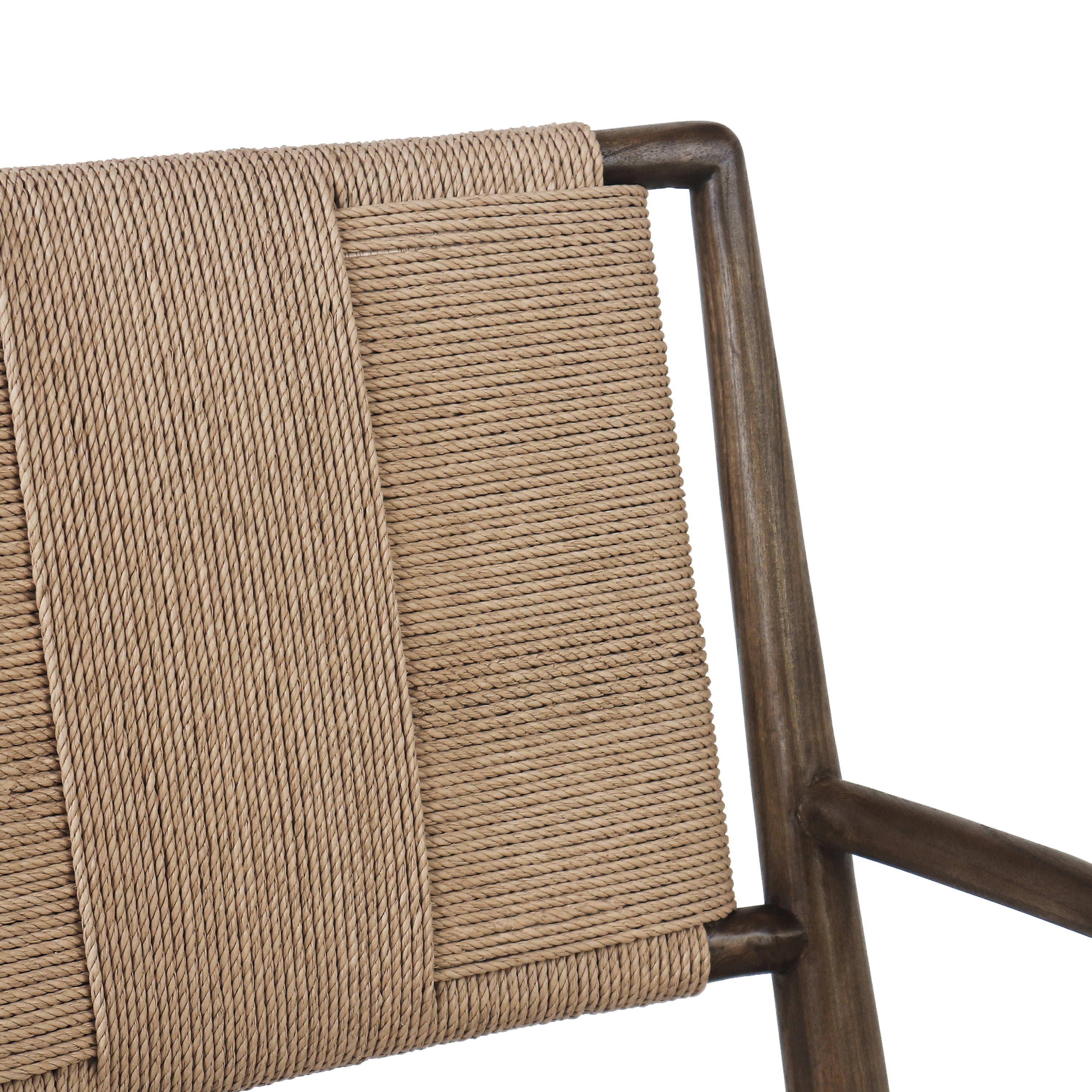 Close-up of a beige woven papercord backrest showing a tight horizontal rope weave and the dark-stained natural wood frame and arm of a dining chair.